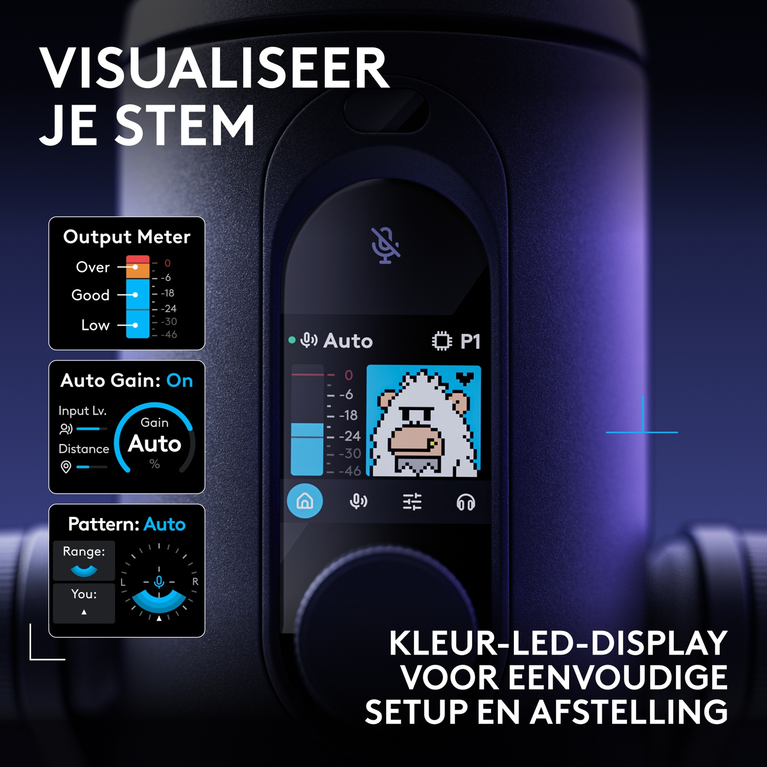 Microfoon met LED-display met audioniveaus, gain en opnamepatroon.