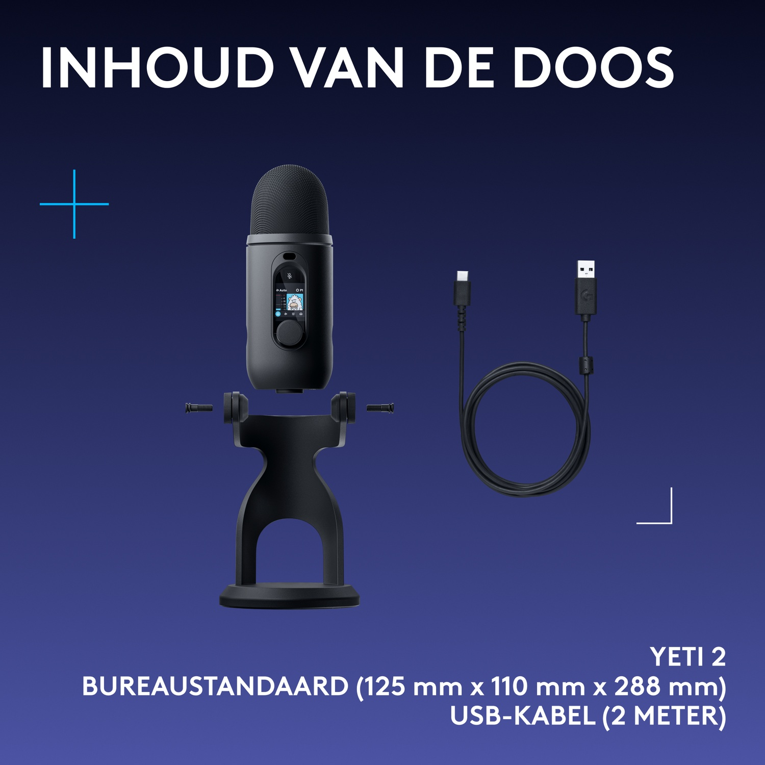 Inhoud doos: Yeti 2 microfoon, bureaustandaard en 2m USB-kabel.