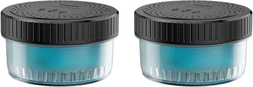 Zwei Philips-Reinigungskartuschen mit schwarzem Deckel und blauem Inhalt auf schwarzem Grund.