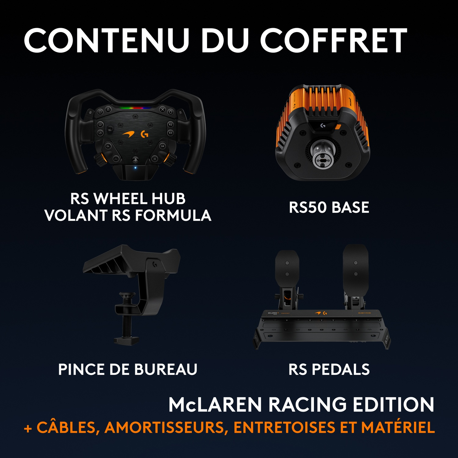 Ensemble McLaren Racing Edition avec volant, base, pince de bureau, pédales et accessoires sur fond noir.