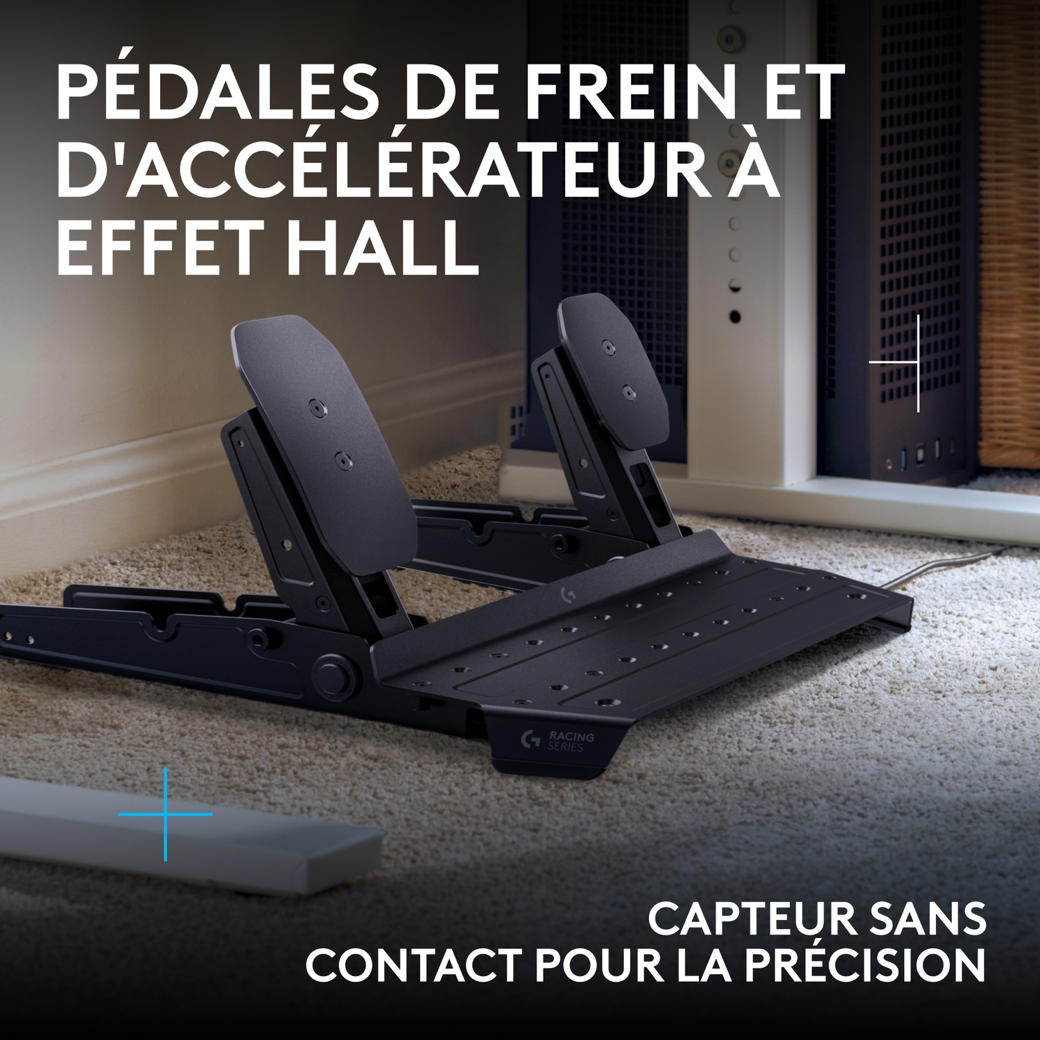 Pédales de course à effet Hall noires sur tapis avec texte en français.