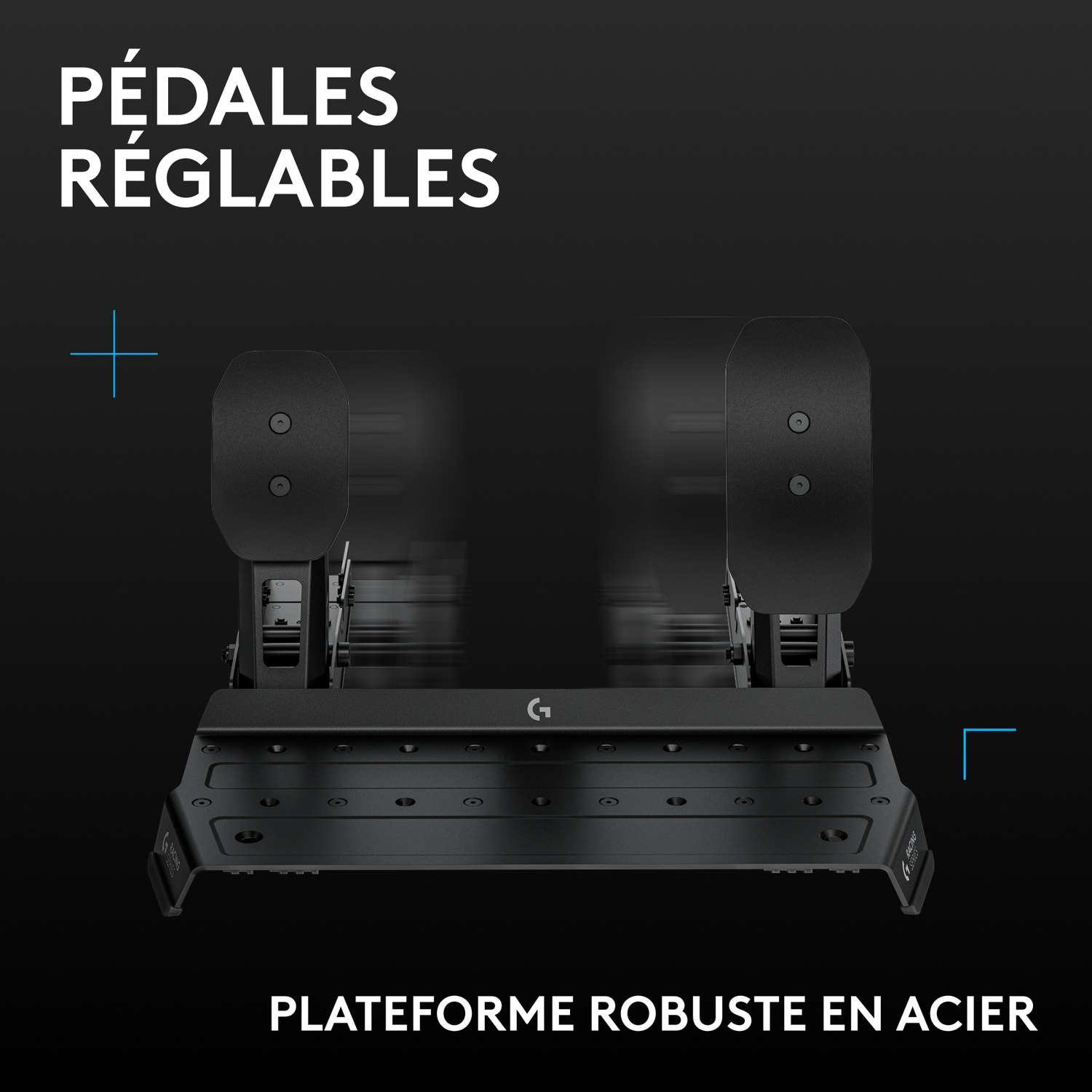Pédales réglables sur une plateforme robuste en acier sur fond noir.