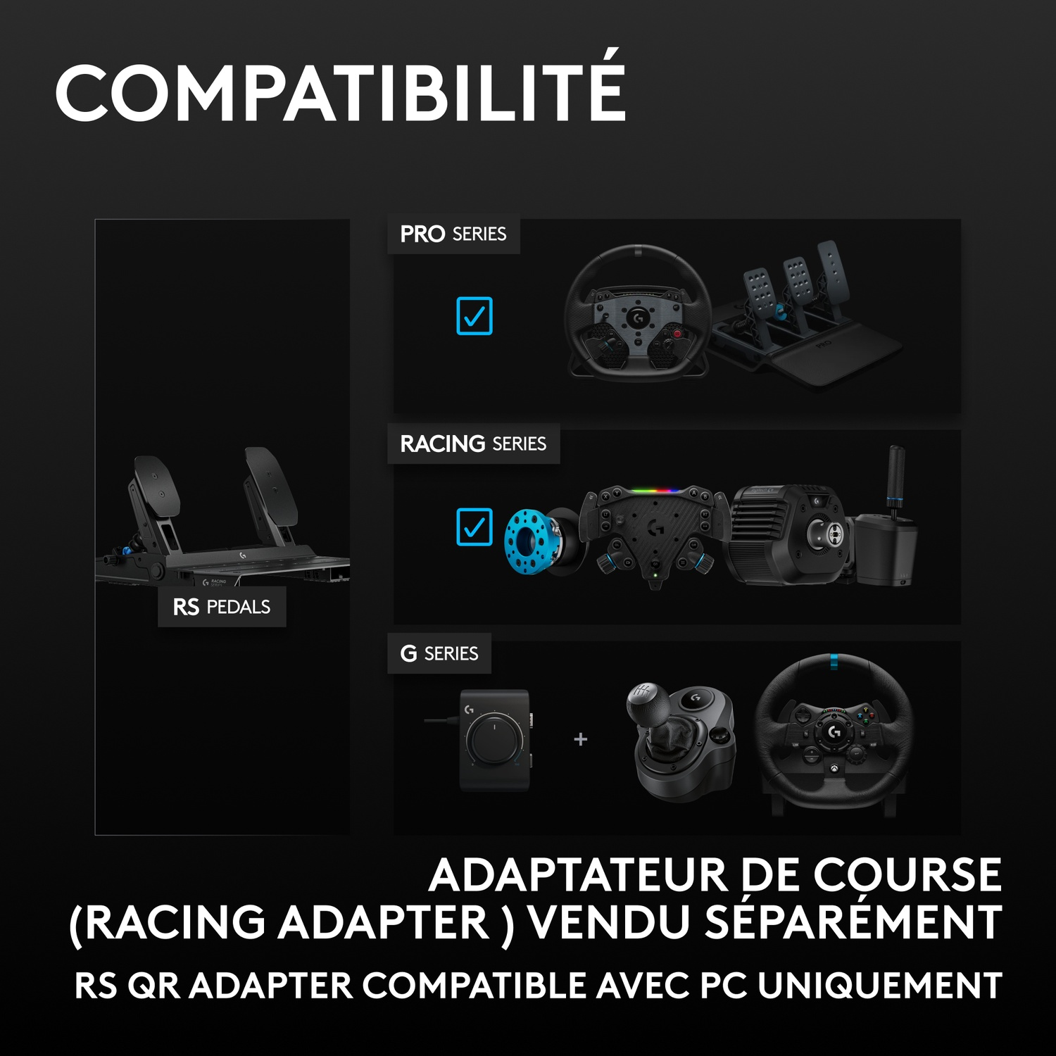 Tableau de compatibilité montrant des accessoires de course, pédales et volants sur fond sombre.