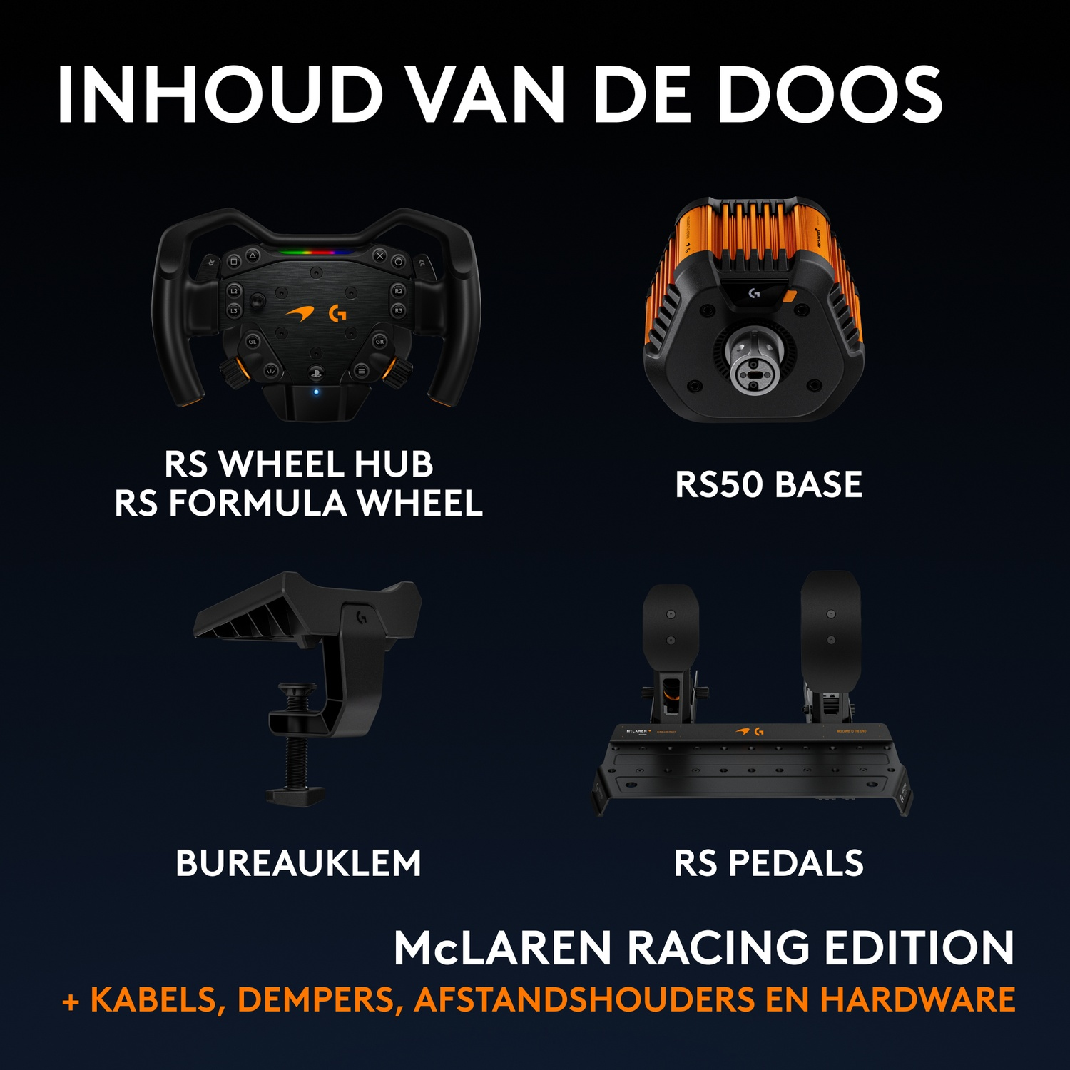 Inhoud van de doos van de McLaren Racing Edition met stuur, basis, bureauklem, pedalen en accessoires.