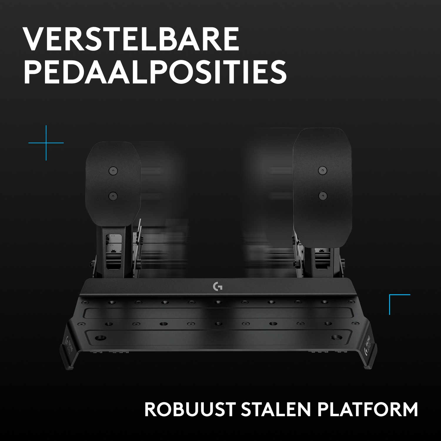 Verstelbare pedaalposities en een robuust stalen platform op een zwarte achtergrond.