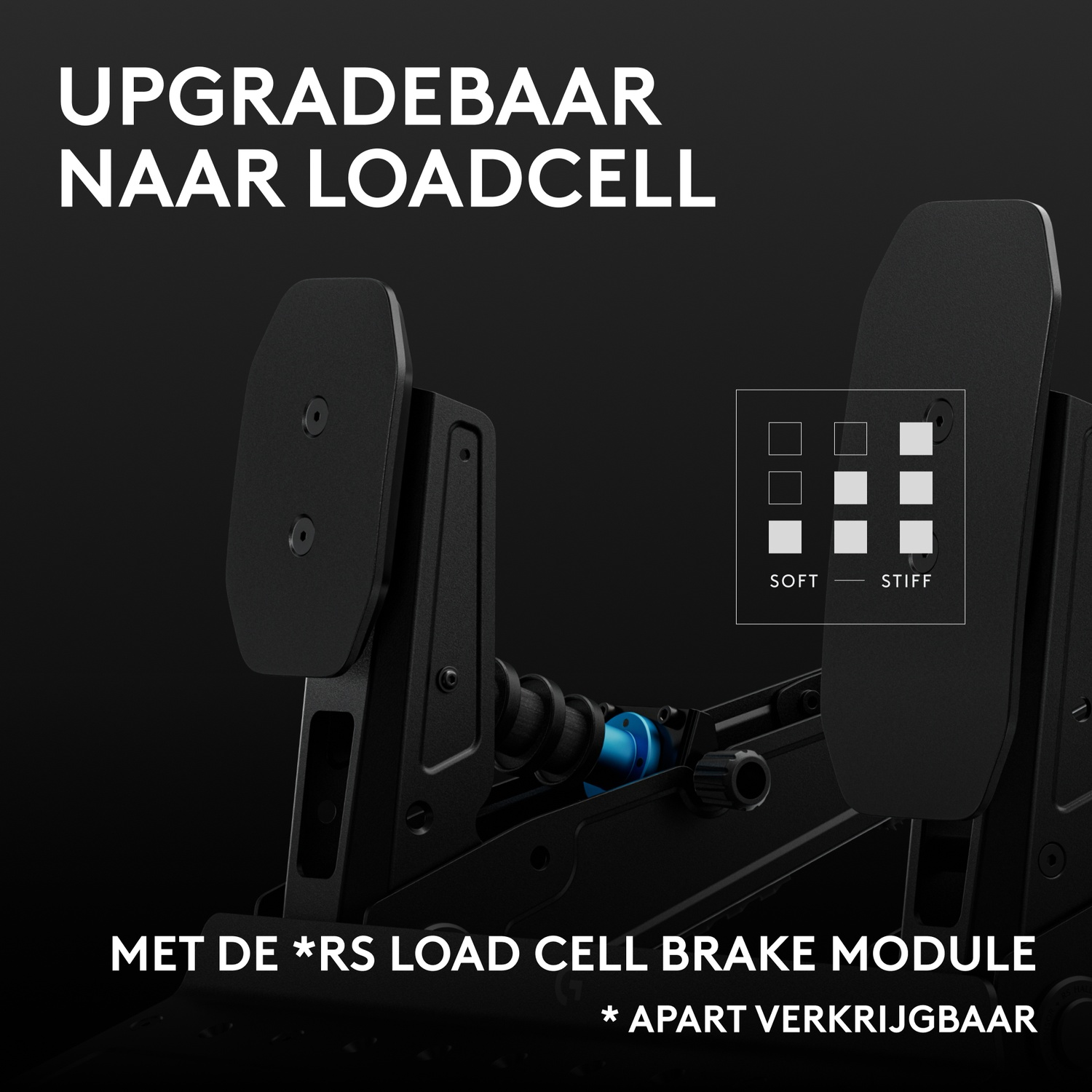Zwarte racepedalen met tekst UPGRADEBAAR NAAR LOADCELL en een zacht-naar-stif diagram.