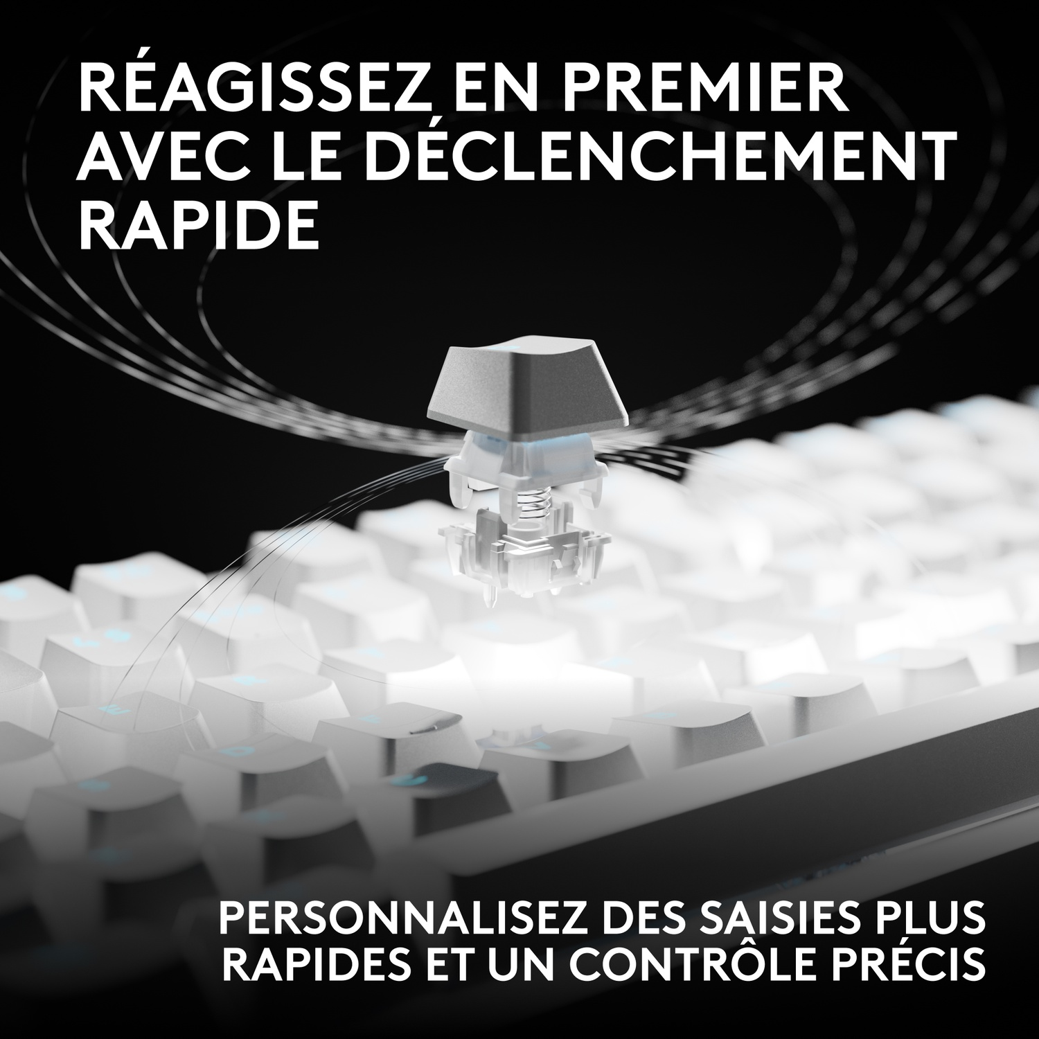 Vue éclatée d'une touche et d'un ressort au-dessus d'un clavier éclairé, avec du texte en français.