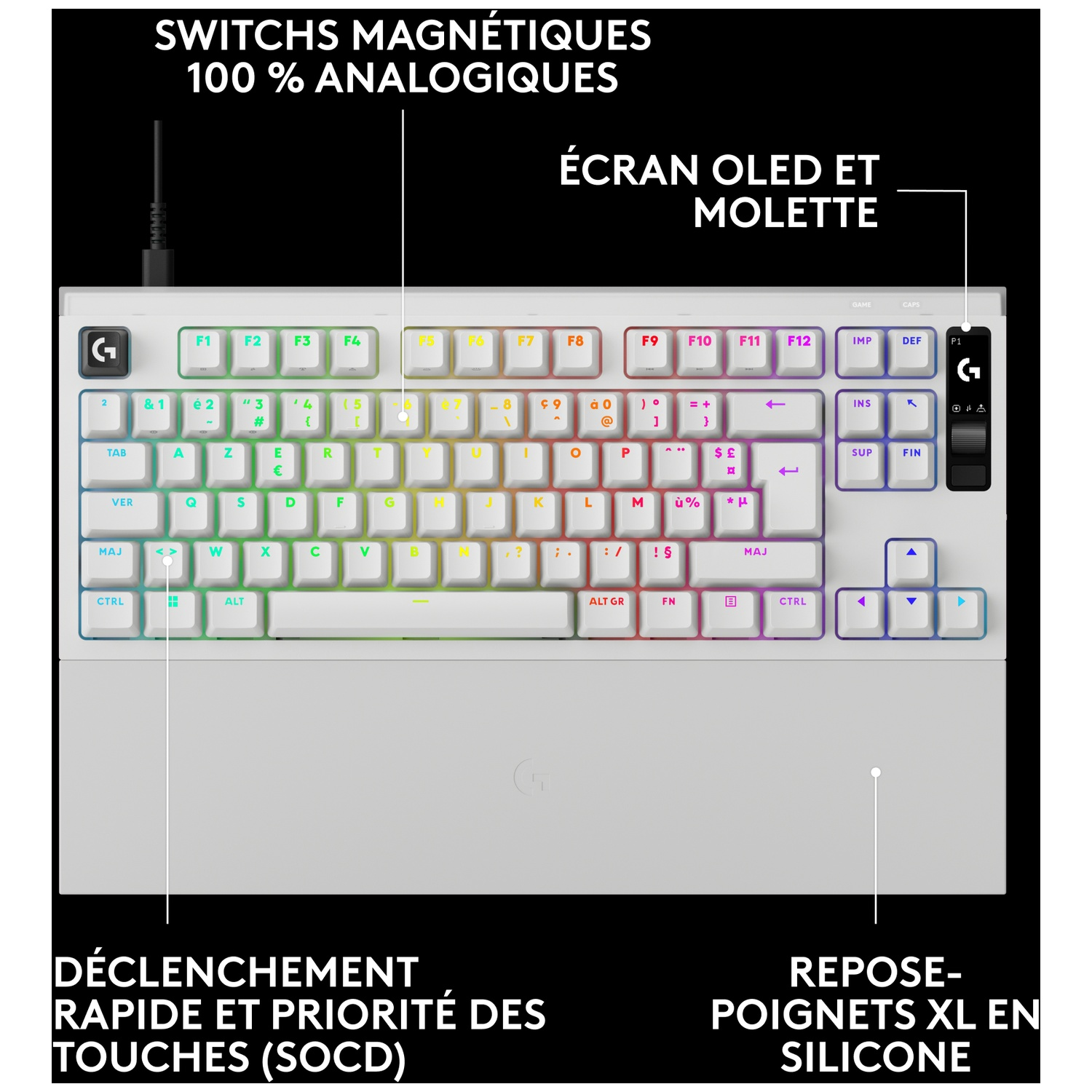 Clavier mécanique blanc avec éclairage RGB, disposition française, écran OLED et repose-poignets.