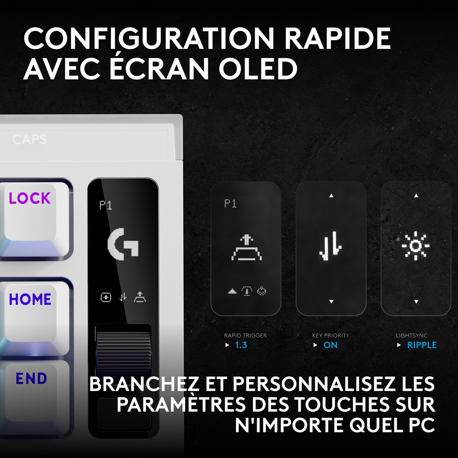Un clavier blanc avec écran OLED et options de réglage sur fond sombre.