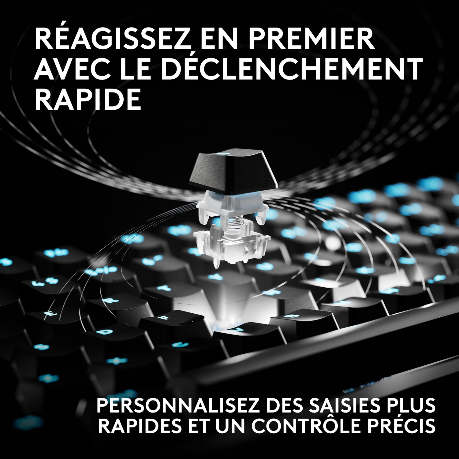 Vue éclatée d'un interrupteur de clavier au-dessus d'un clavier rétroéclairé en bleu avec du texte en français.