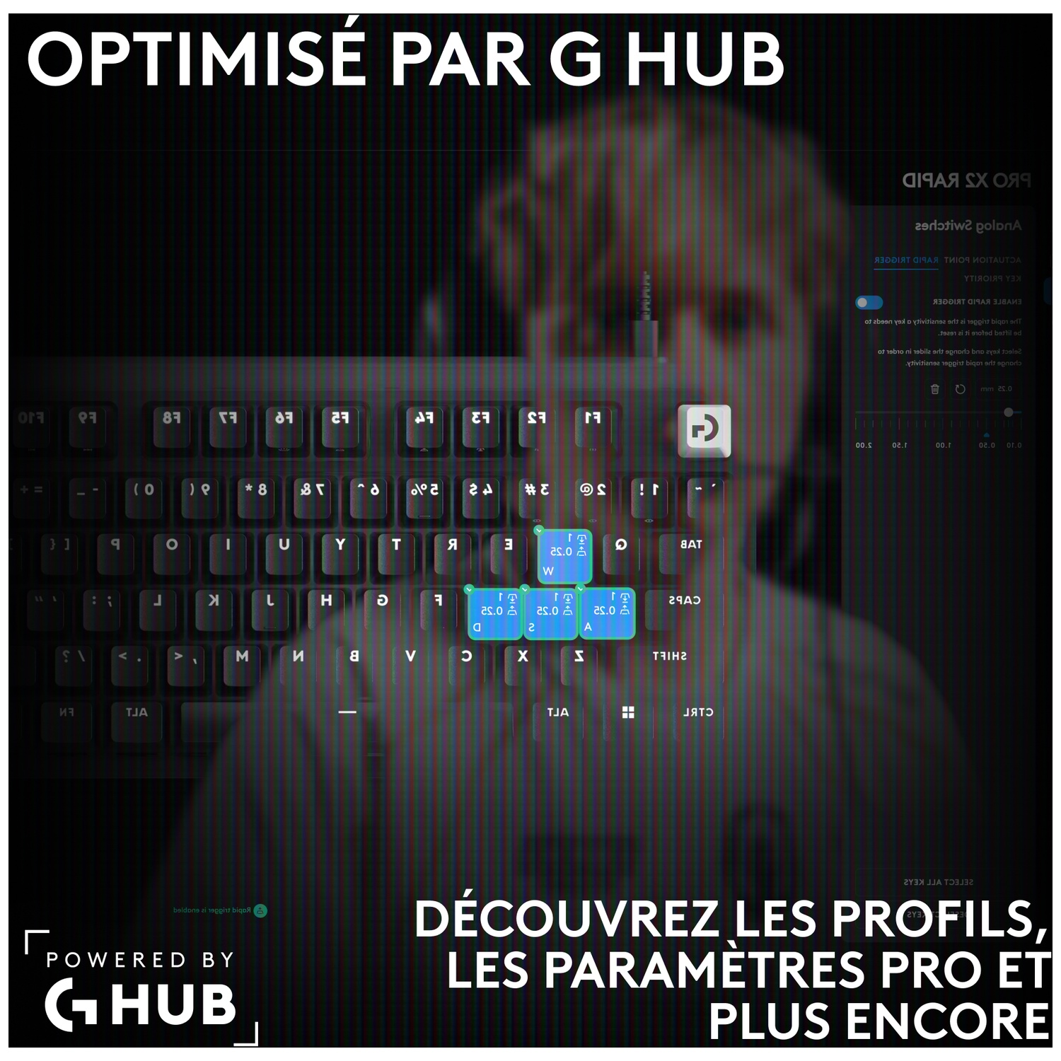 Clavier au premier plan avec interface logicielle en arrière-plan et texte "POWERED BY G HUB".