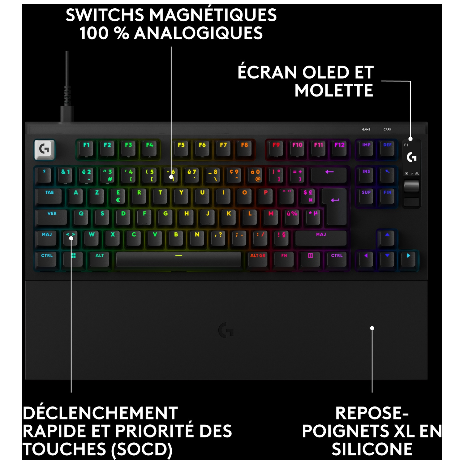 Clavier de jeu noir avec éclairage RVB, écran OLED et repose-poignets en silicone sur fond noir.
