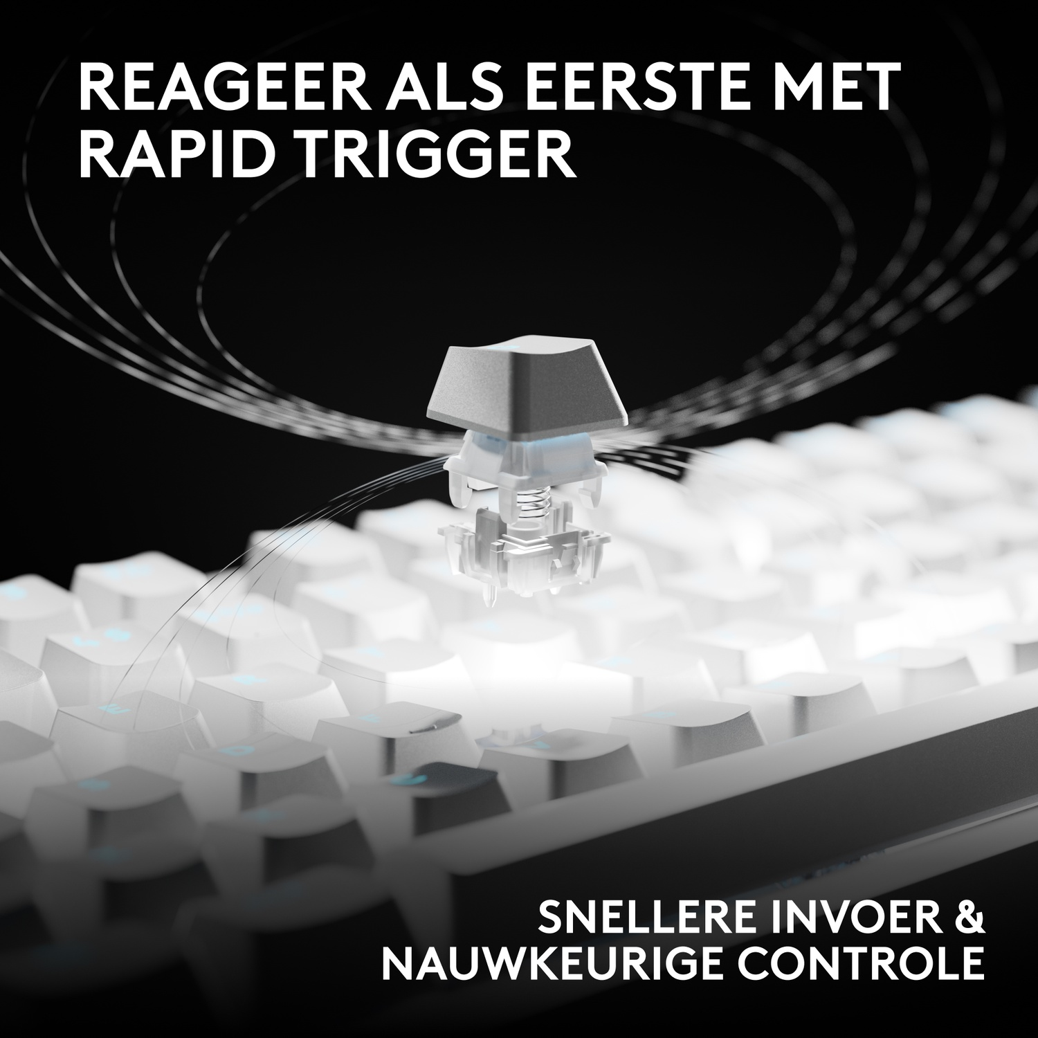 Een opengewerkte weergave van een toetsbordschakelaar boven een wit toetsenbord met tekst boven en onder.