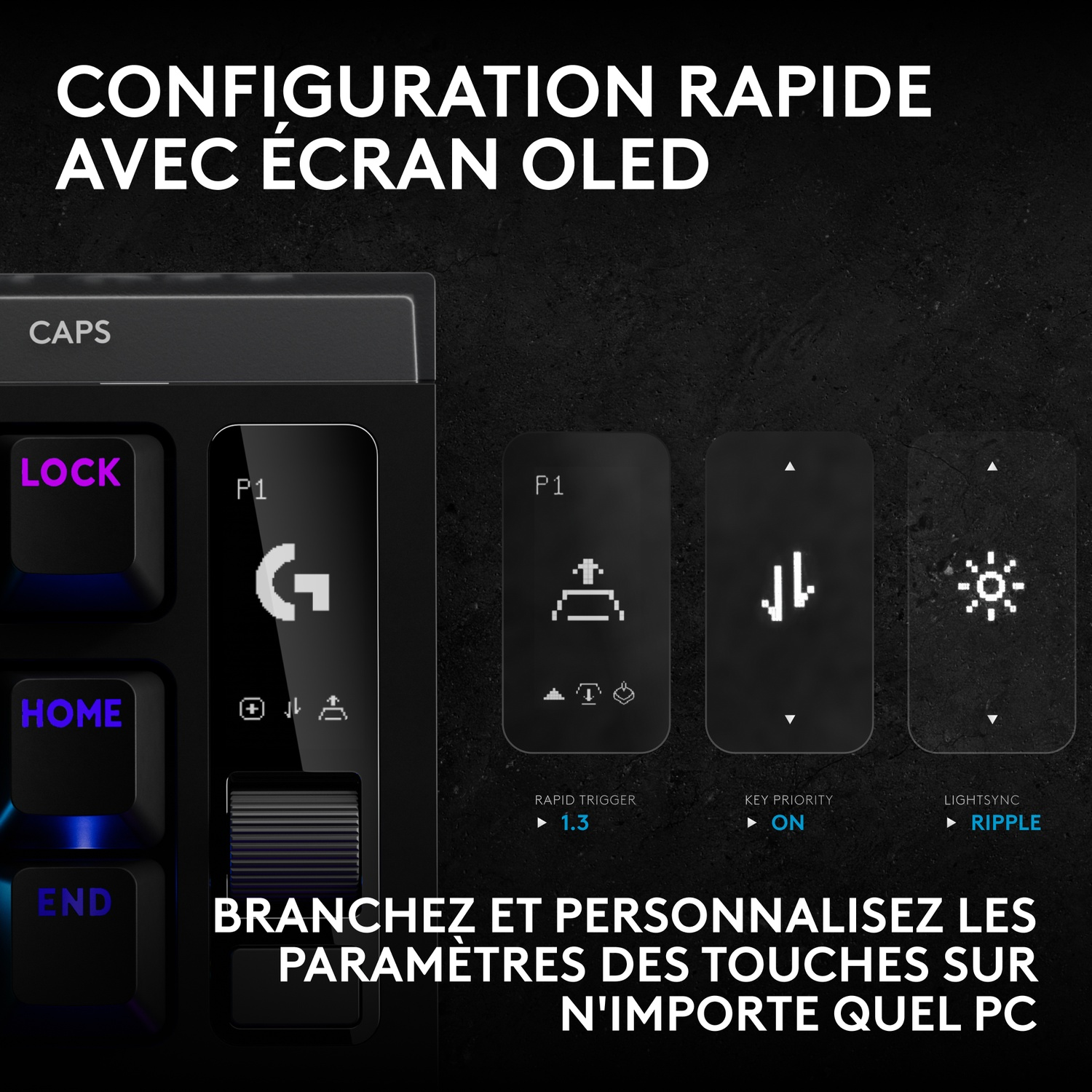 Clavier avec écran OLED affichant des options de configuration sur fond sombre.