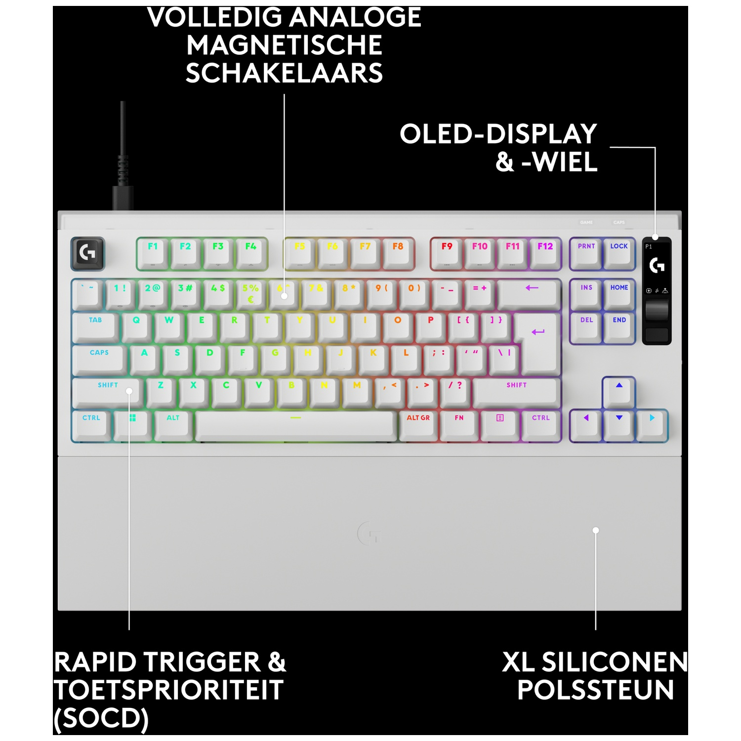 Witte gamingtoetsenbord met RGB-verlichting, OLED-display, magnetische schakelaars en siliconen polsteun.