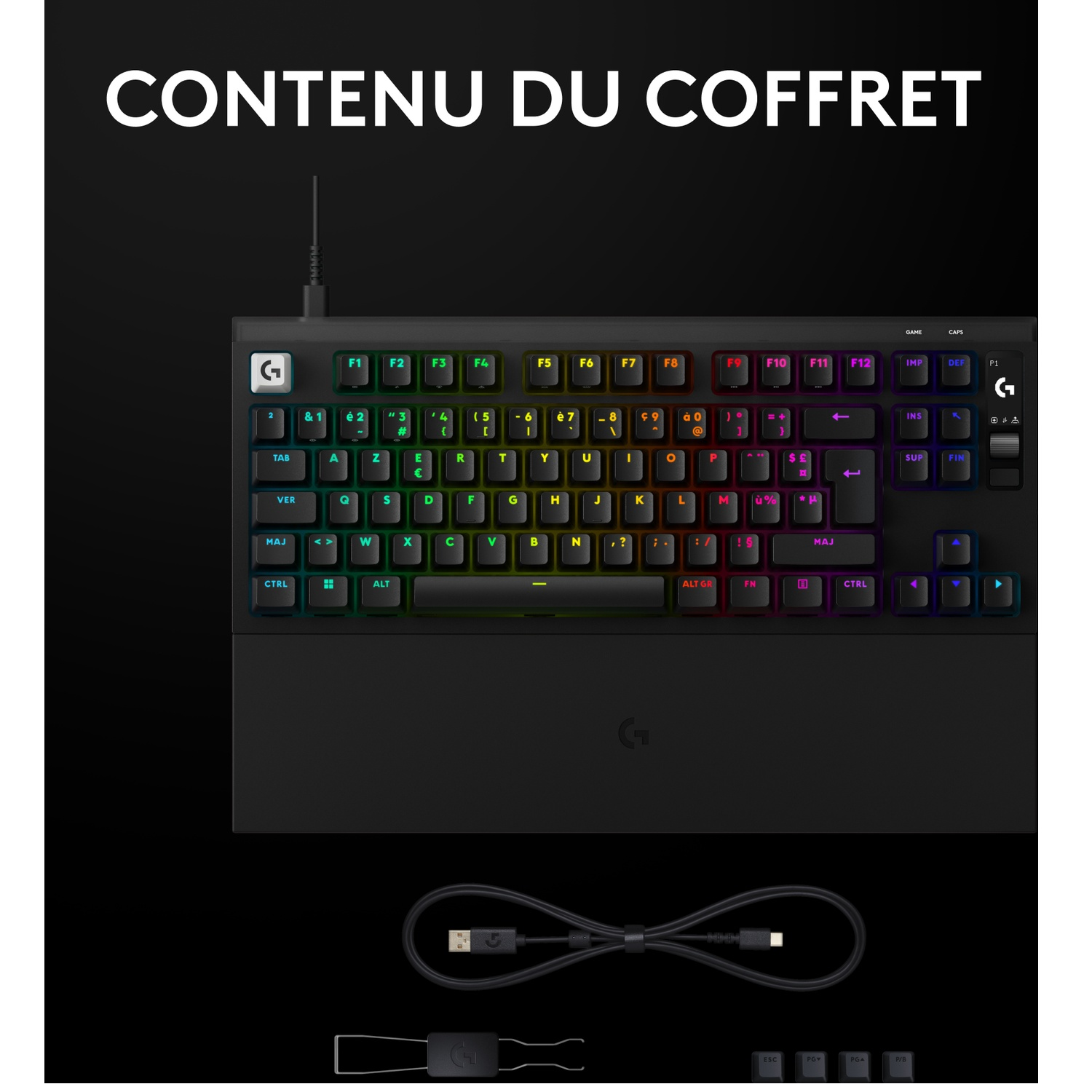 Clavier de jeu mécanique noir avec éclairage RVB, câble amovible et accessoires sur fond noir.