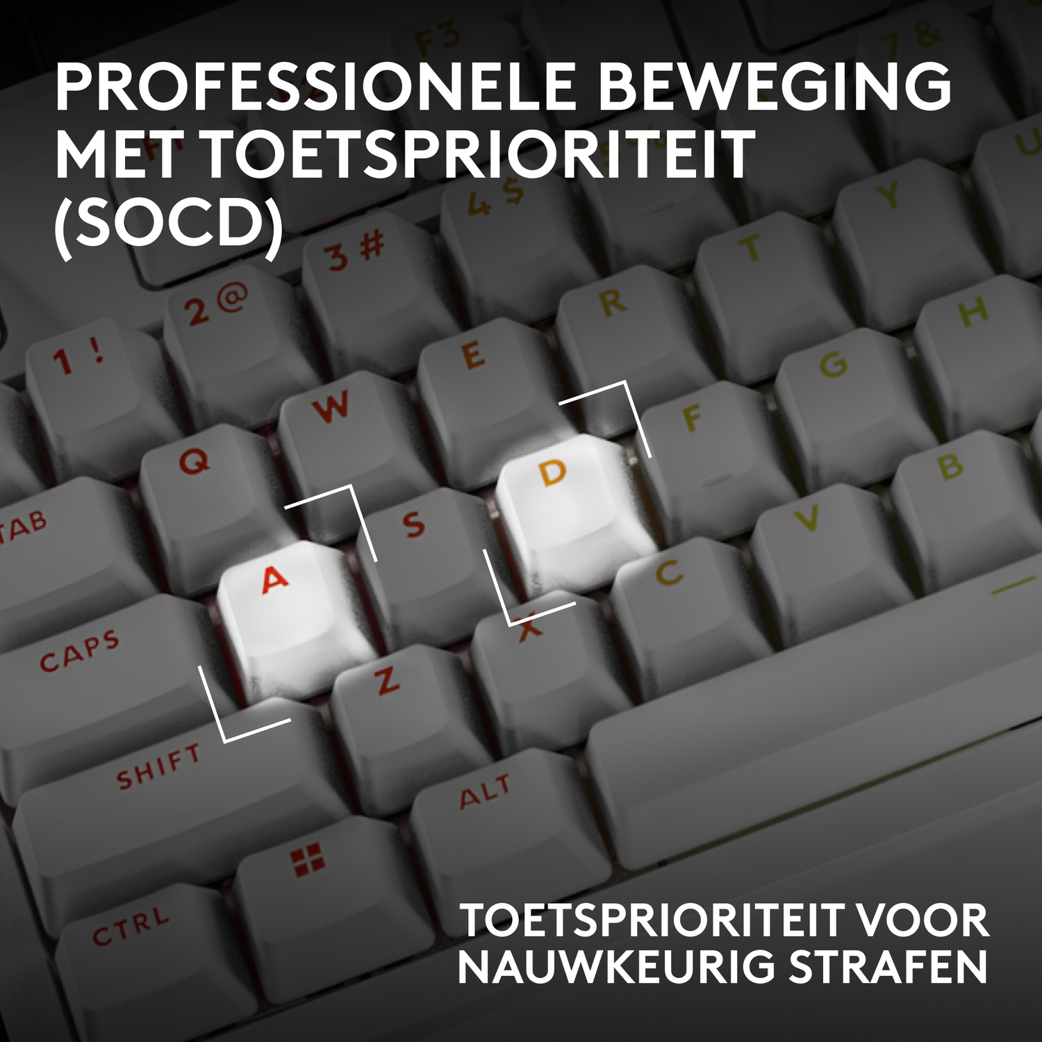 Close-up van een gametoetsenbord met focus op verlichte A- en D-toetsen.