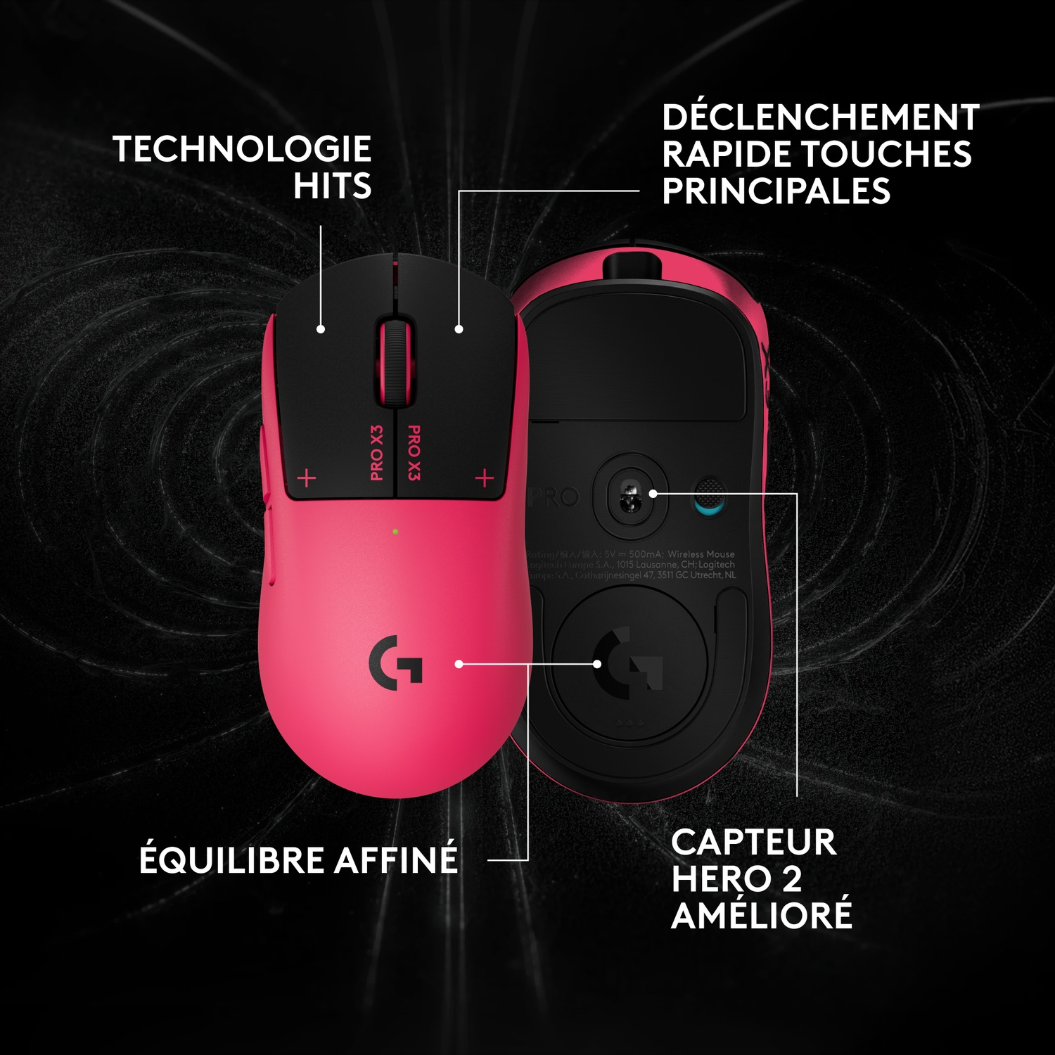 Souris gaming sans fil rose et noire avec caractéristiques sur fond sombre.