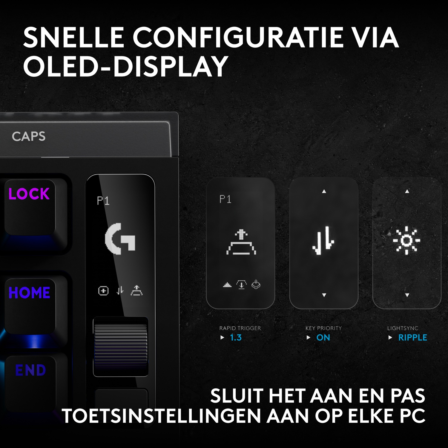 Toetsenbord met OLED-scherm toont instellingen zoals Rapid Trigger en Key Priority.