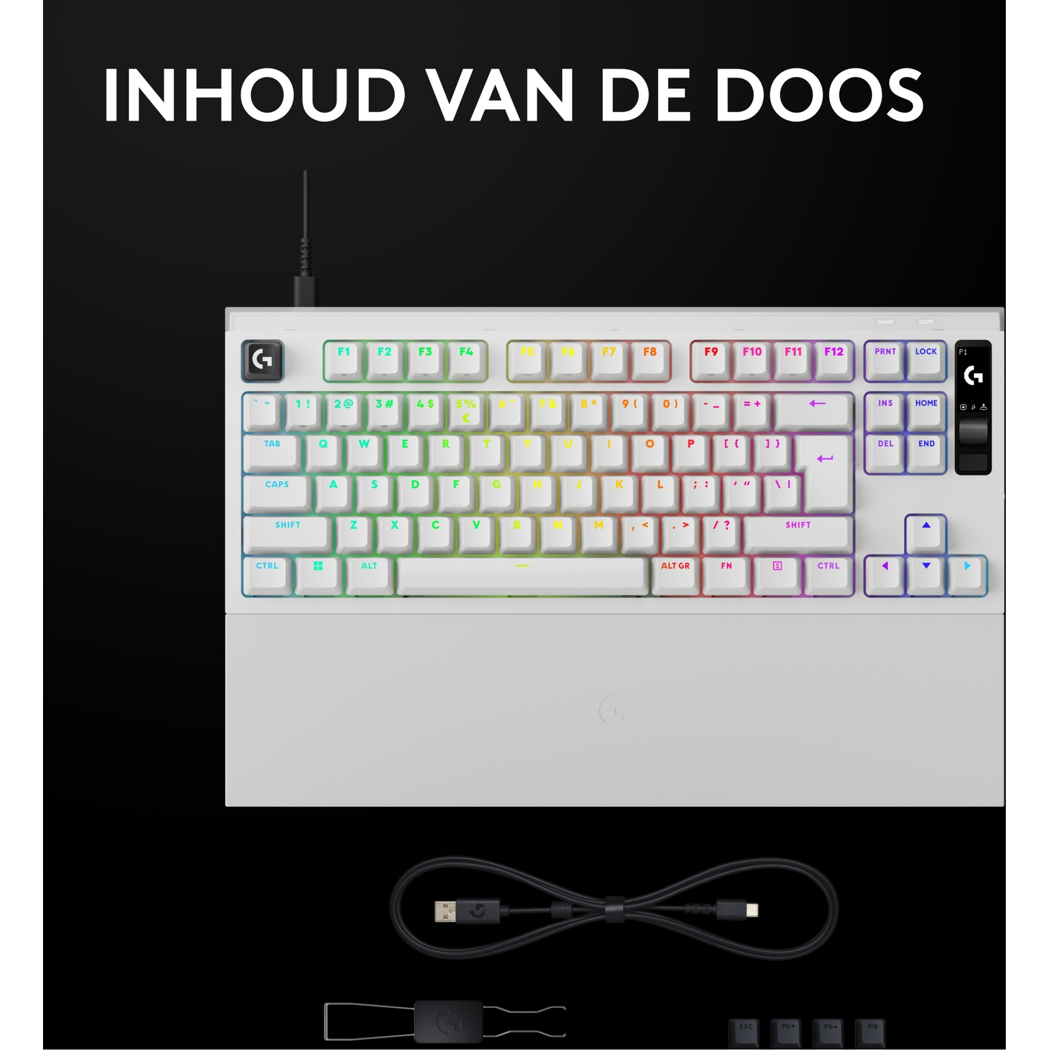 Witte Logitech gaming-toetsenbord met RGB-achtergrondverlichting, polsteun, USB-kabel en keycap-puller.