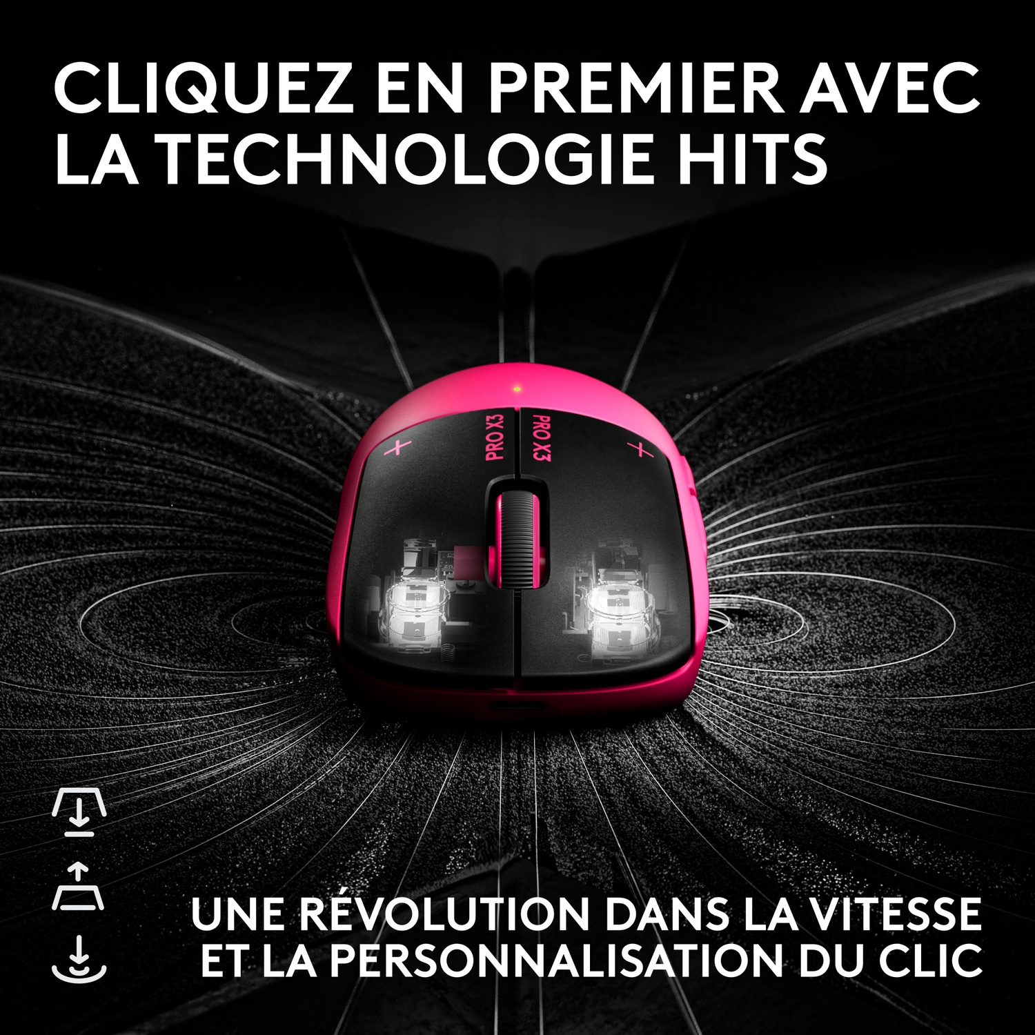 Une souris d'ordinateur rose et noire sur fond sombre avec des lignes rayonnantes et du texte français.