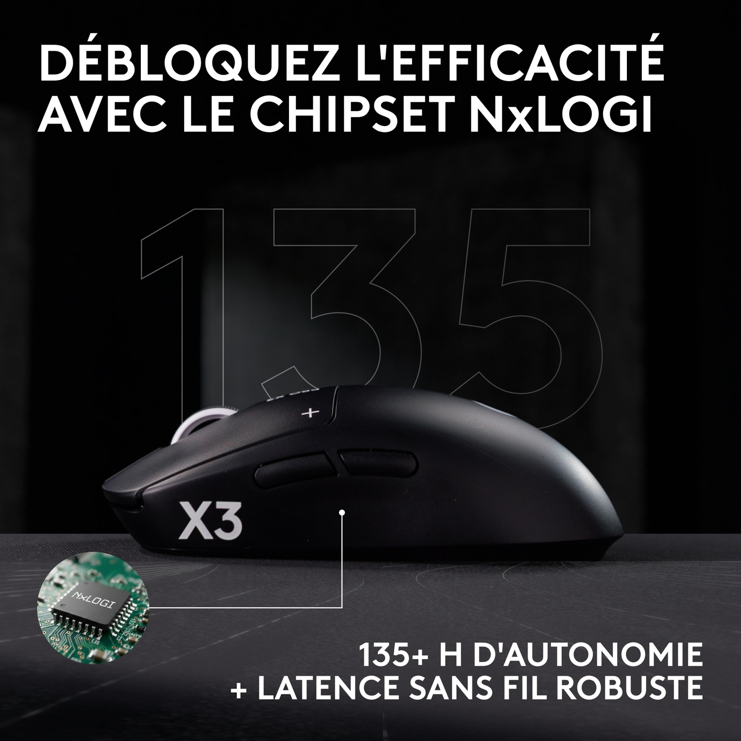 Souris noire X3 avec puce NxLOGI, texte de batterie et grands chiffres 135.