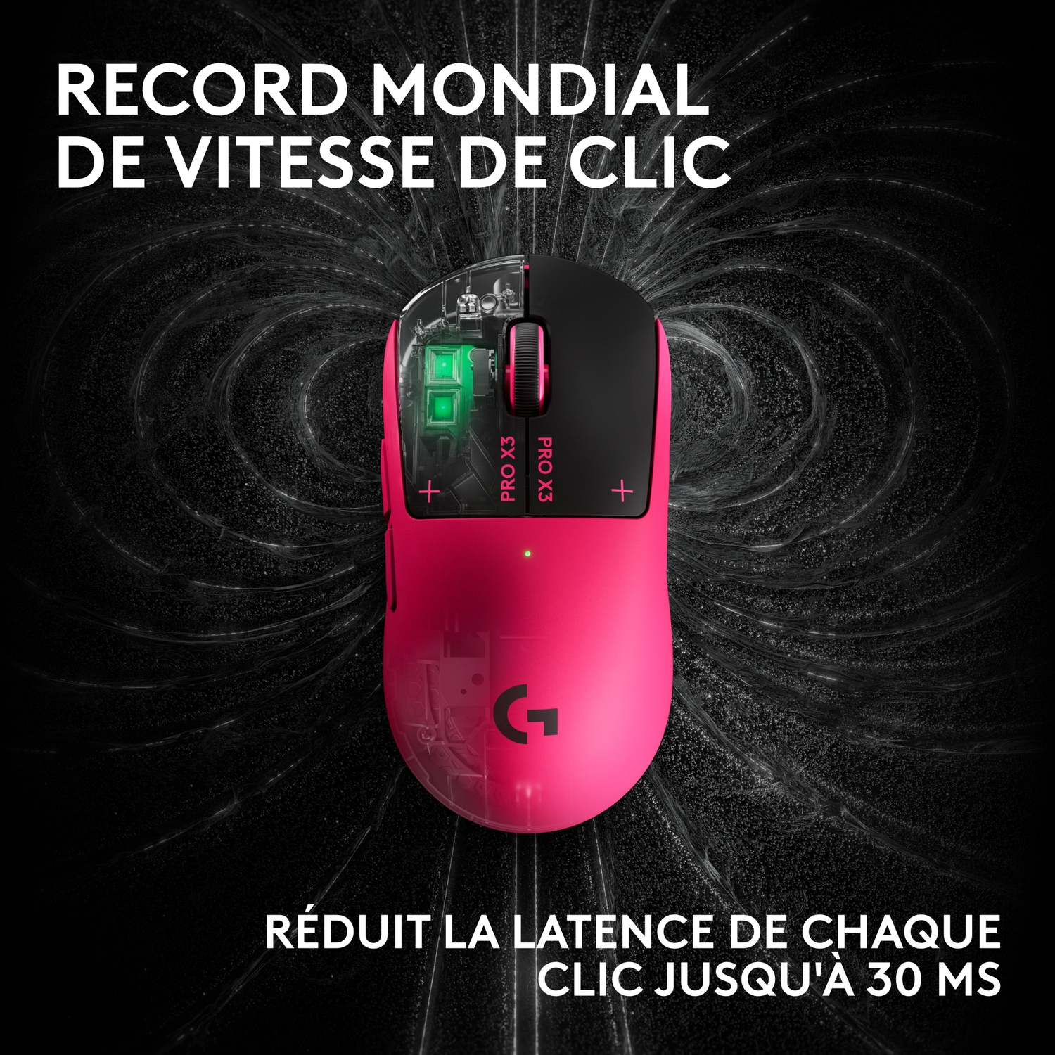 Une souris de jeu rose sur fond noir avec des composants internes verts lumineux et du texte promotionnel.
