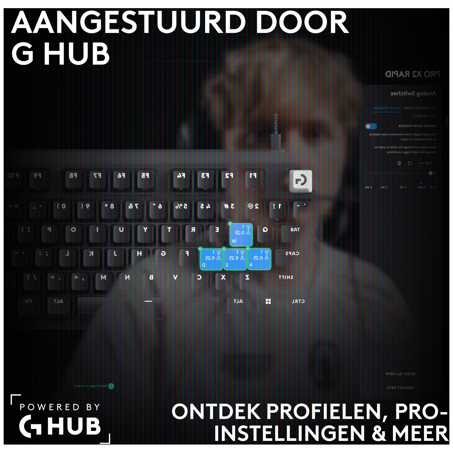 Een close-up van een toetsenbord met blauwe accenten op de WASD-toetsen tegen een donkere achtergrond.