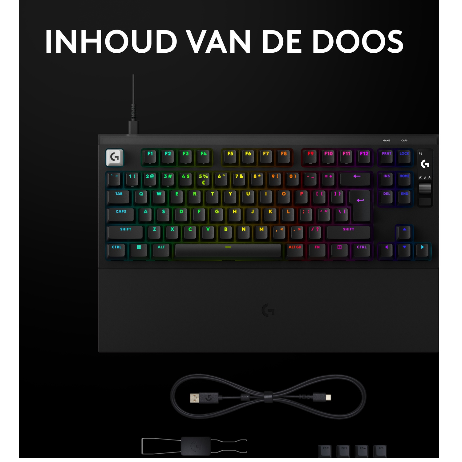 Zwarte mechanische toetsenbord met RGB-verlichting, USB-kabel en accessoires op een donkere achtergrond.