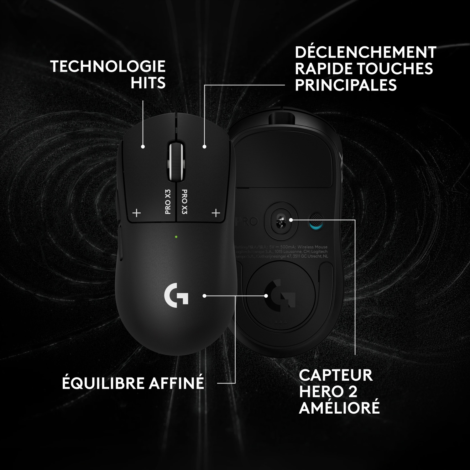 Deux souris de jeu noires Logitech avec des étiquettes en français et des caractéristiques techniques sur fond sombre.