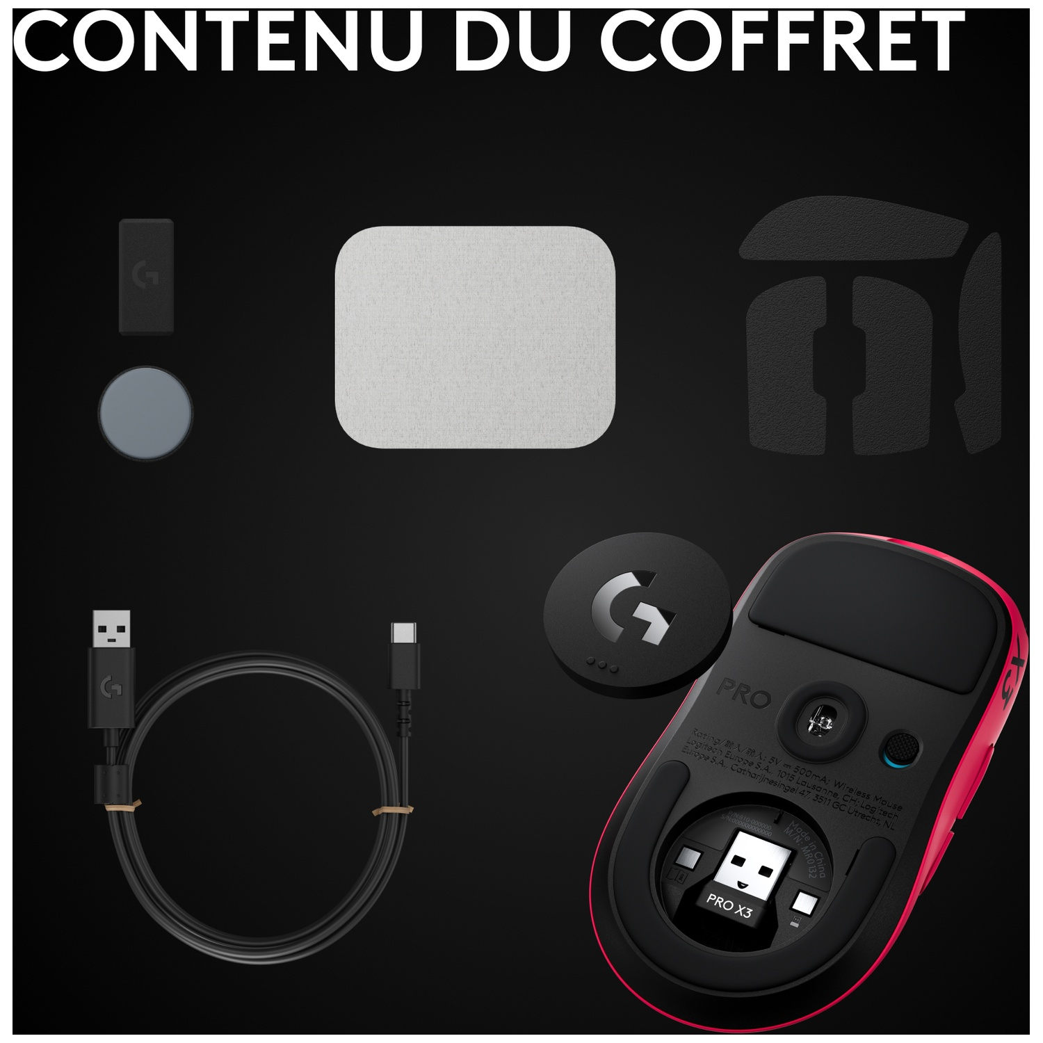 Contenu de la boîte avec souris de jeu rouge, câble, récepteur USB, patins PTFE et accessoires sur fond noir.