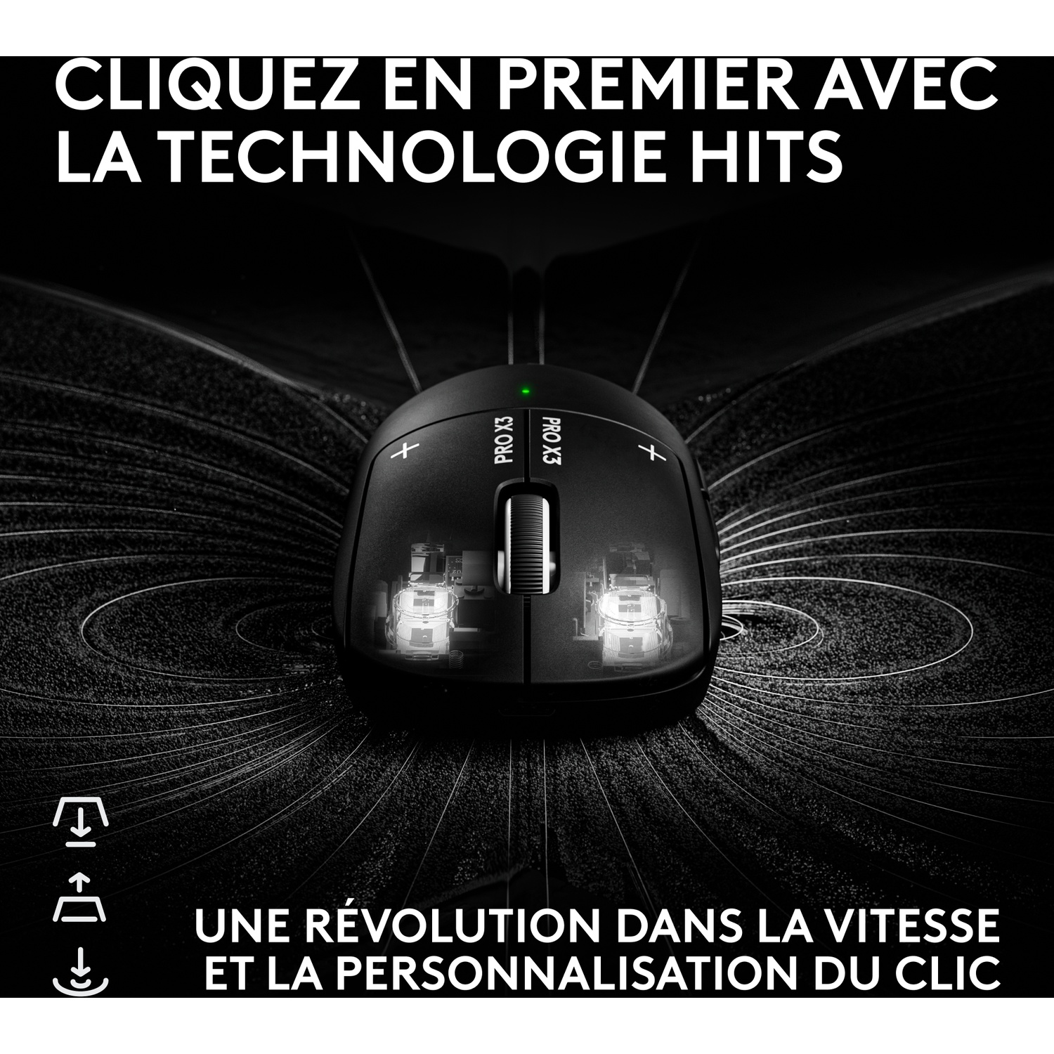Souris d'ordinateur noire avec boîtier transparent sur fond sombre avec motifs d'ondes et texte français.