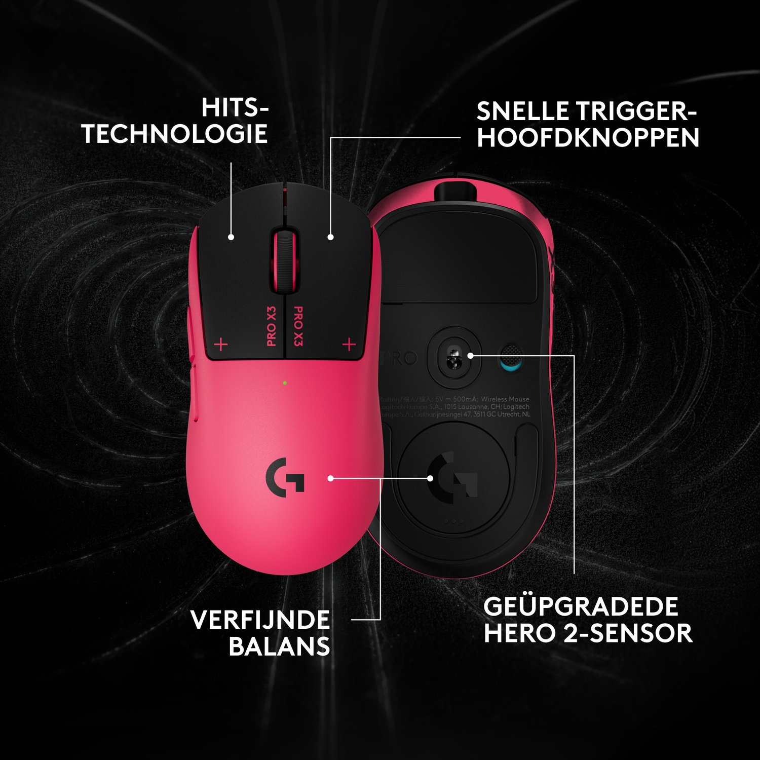 Een roze en zwarte draadloze gamingmuis met gedetailleerde productkenmerken op een donkere achtergrond.