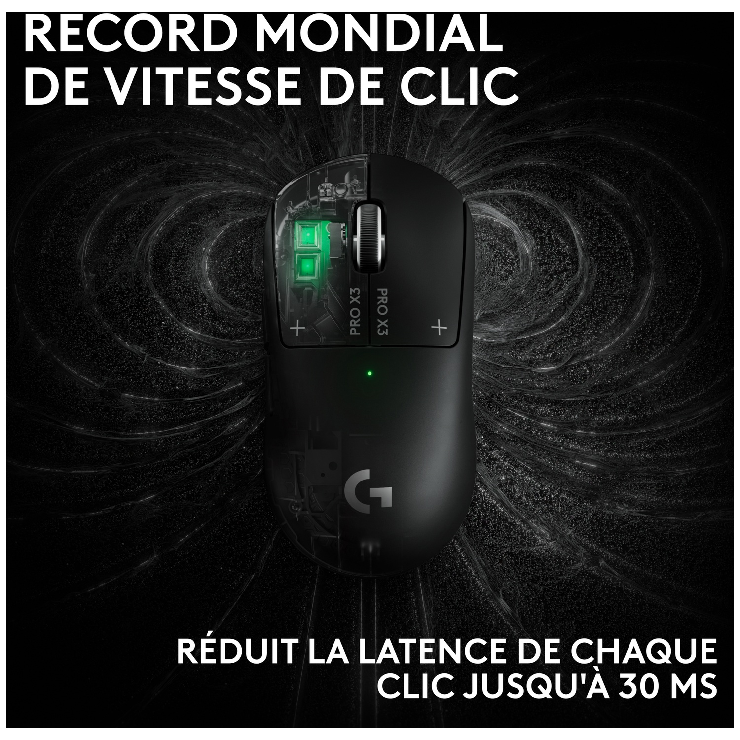 Souris de jeu noire avec côté gauche transparent et éclairage vert sur fond noir avec du texte.