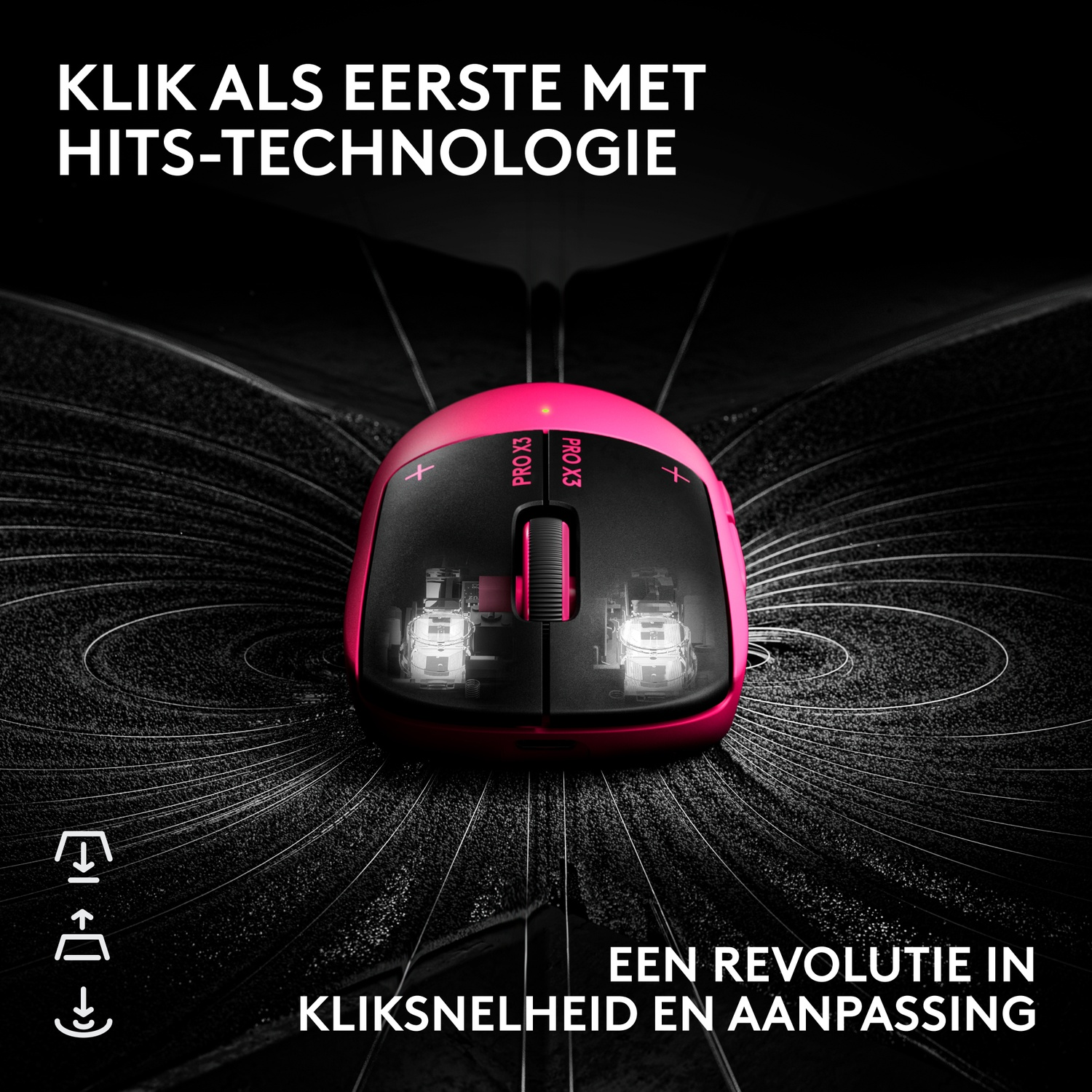 Een roze en zwarte draadloze gaming-muis op een zwarte achtergrond met stralende lijnen.
