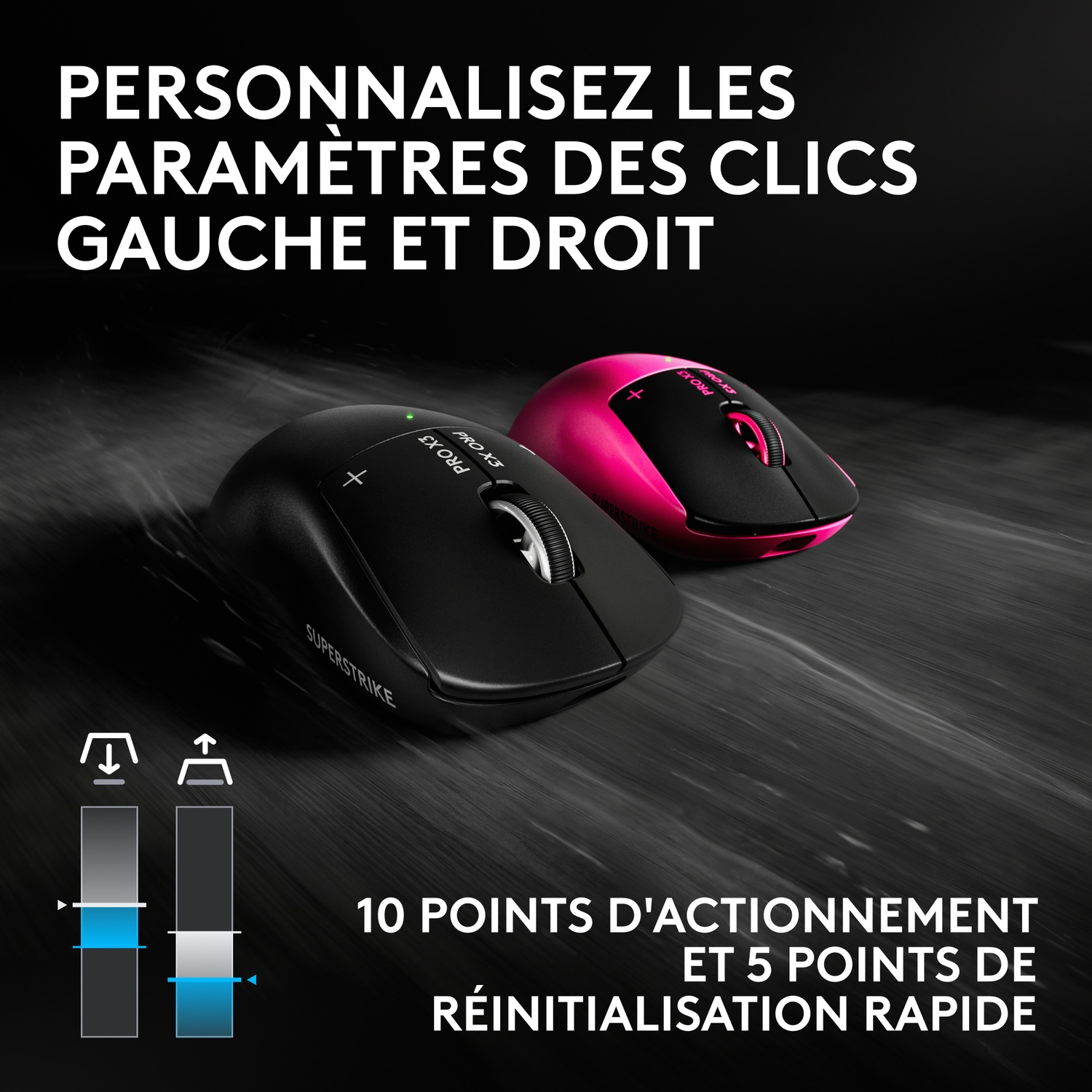 Deux souris de jeu noires et roses sur fond sombre avec du texte en français et des graphiques de réglage.