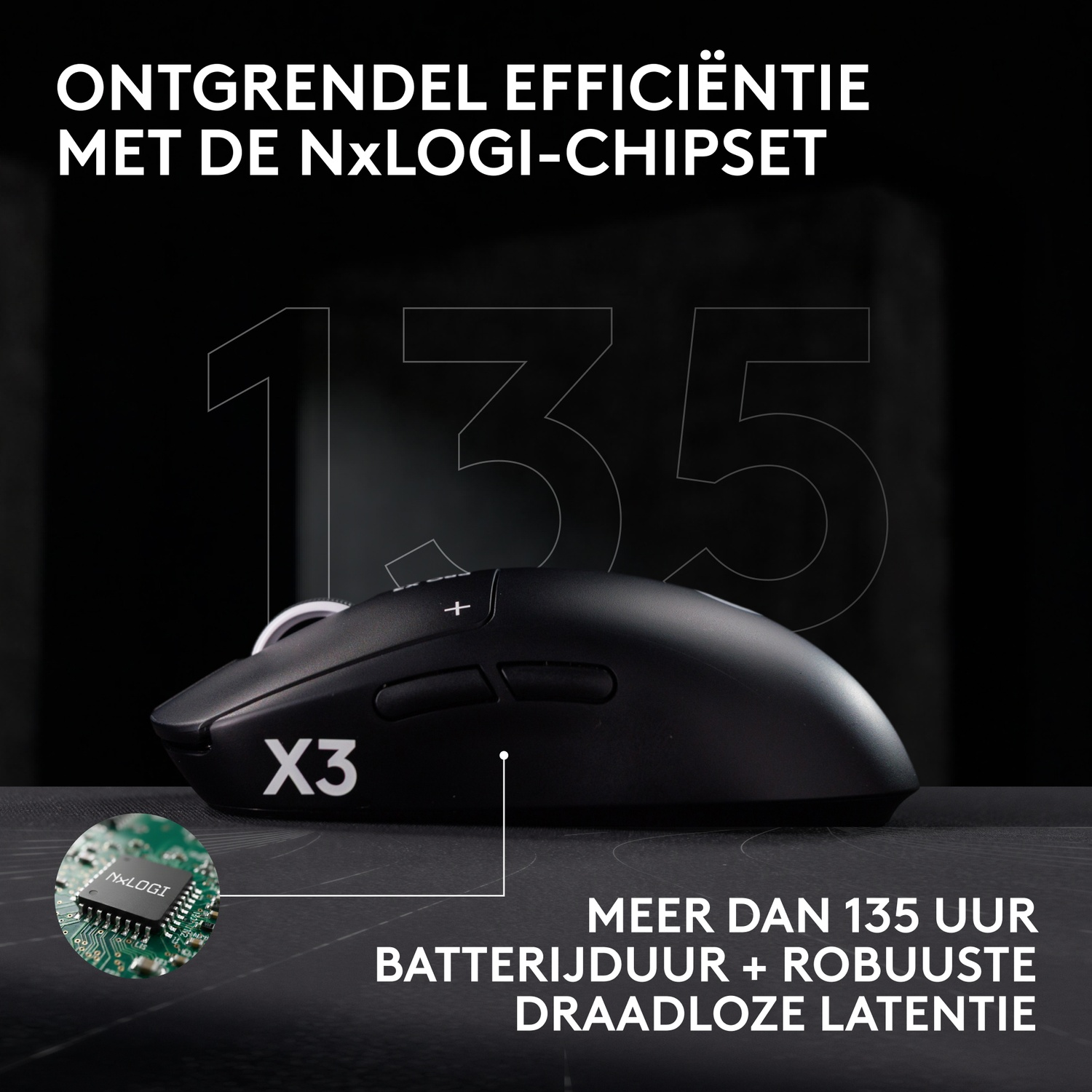 Zwarte X3 gaming muis op donker oppervlak met chip inset en accuduur tekst.