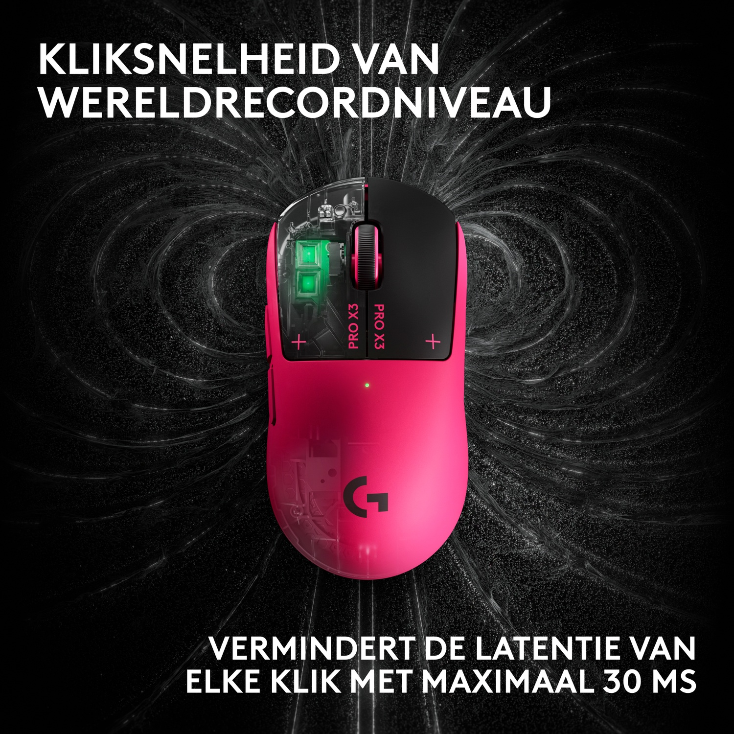 Een roze gamingmuis op zwarte achtergrond met abstracte lichtlijnen en Nederlandse tekst.