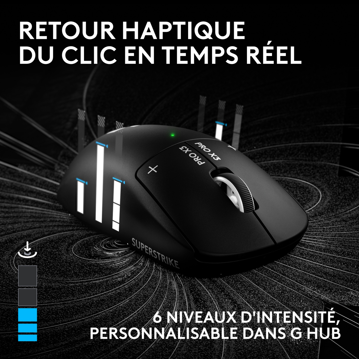 Souris de jeu noire avec retour haptique et niveaux d'intensité personnalisables sur fond sombre.