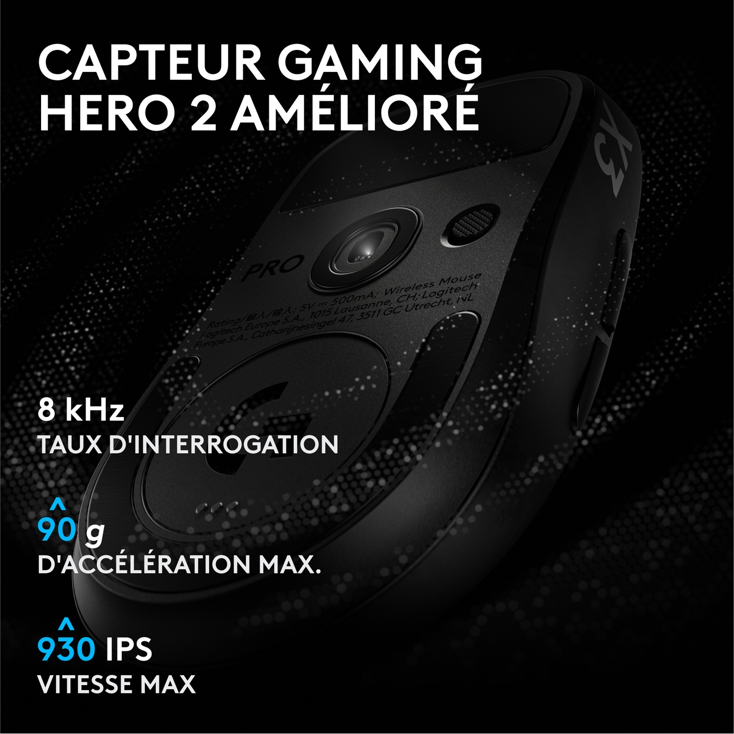 Vue du dessous d'une souris gaming noire avec capteur, texte et promotion française.