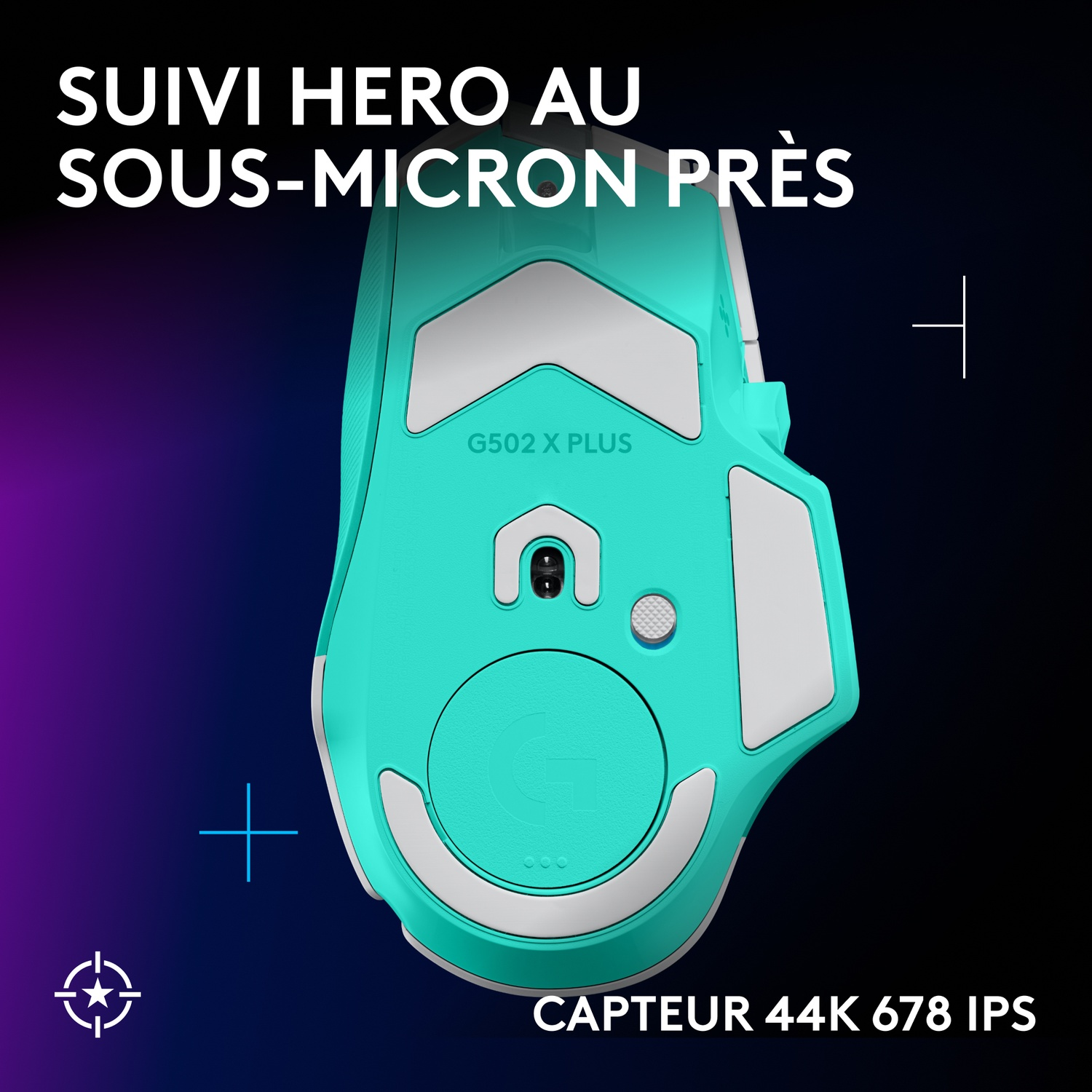 Le dessous d'une souris de jeu Logitech G502 X Plus vert menthe avec capteurs et patins sur fond sombre.