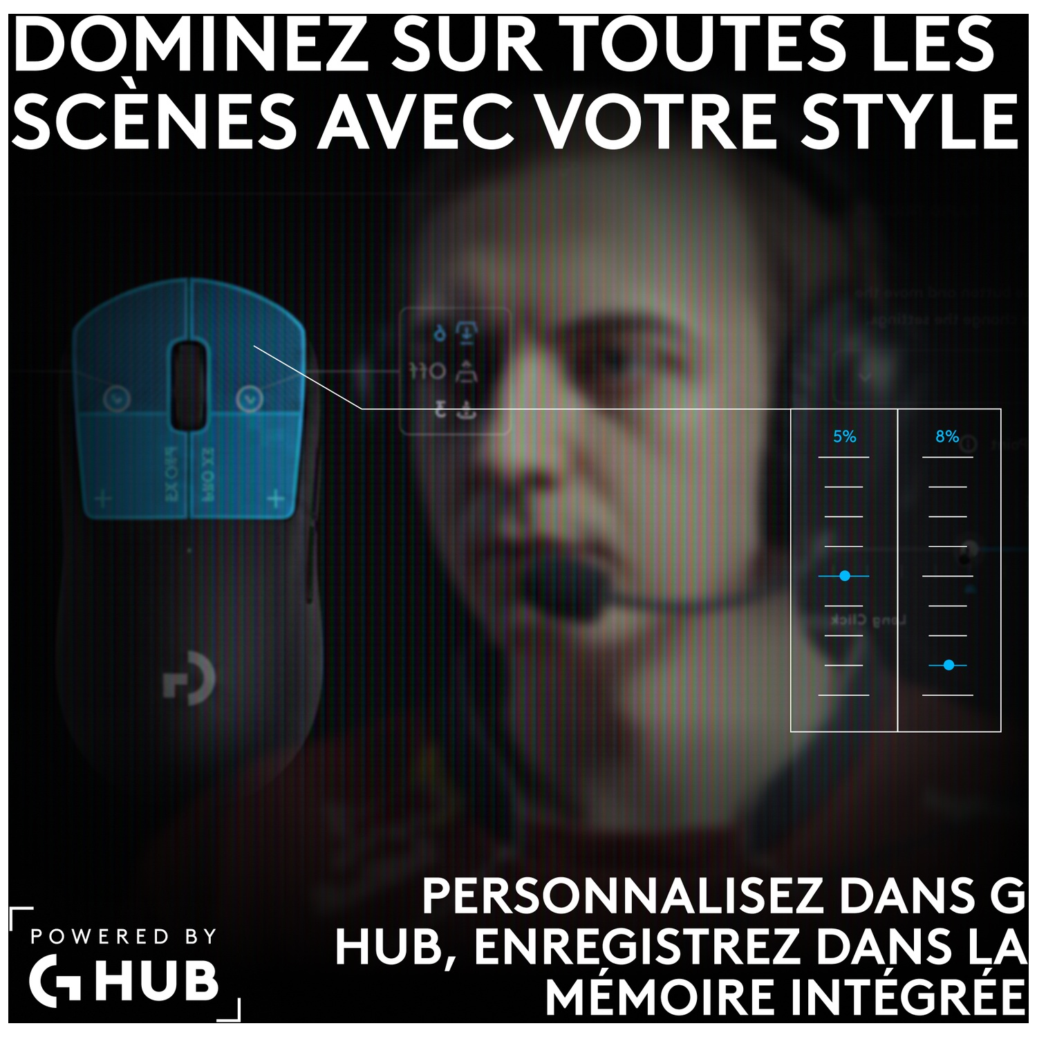 Une souris de jeu et une interface G Hub affichent des options de personnalisation.