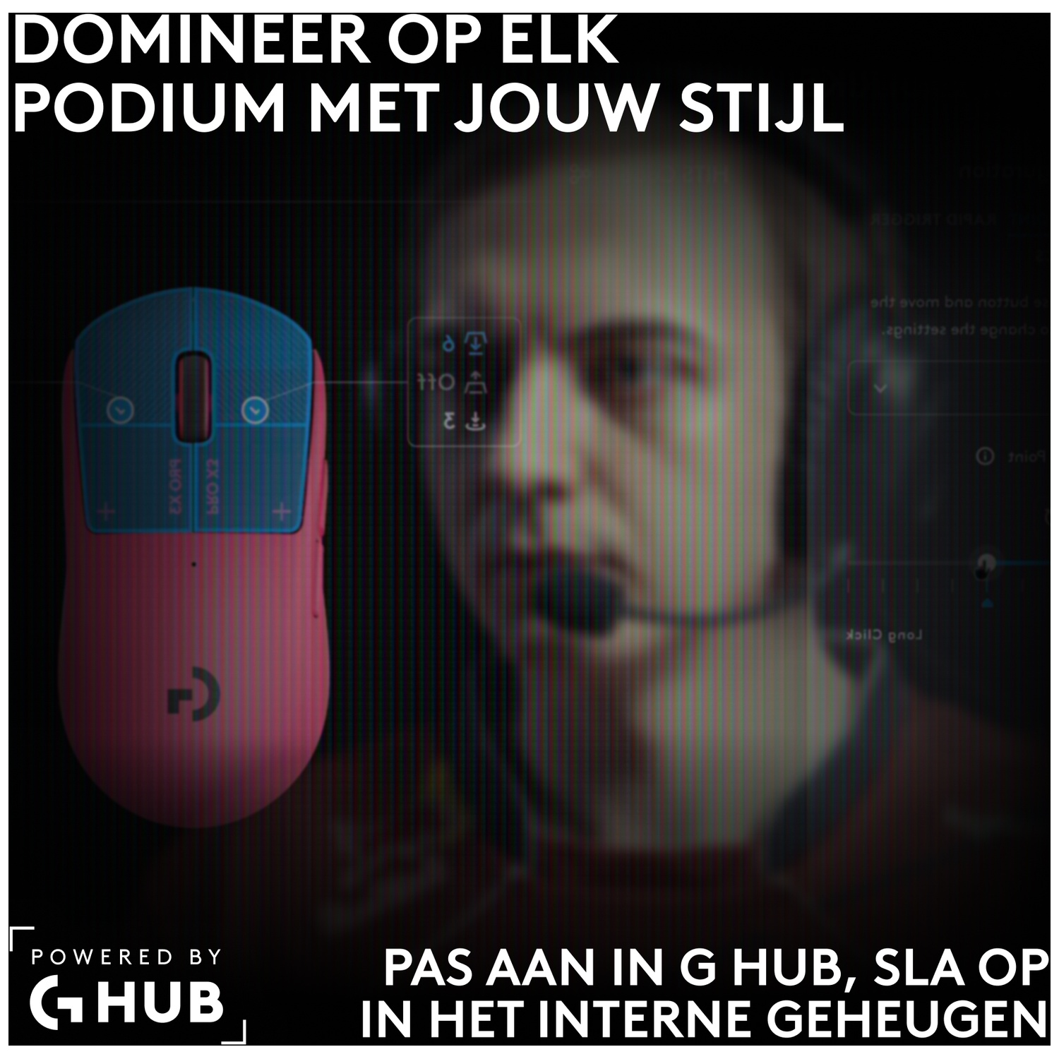 Een roze en blauwe gamingmuis tegen een wazige achtergrond van een gamer met headset.