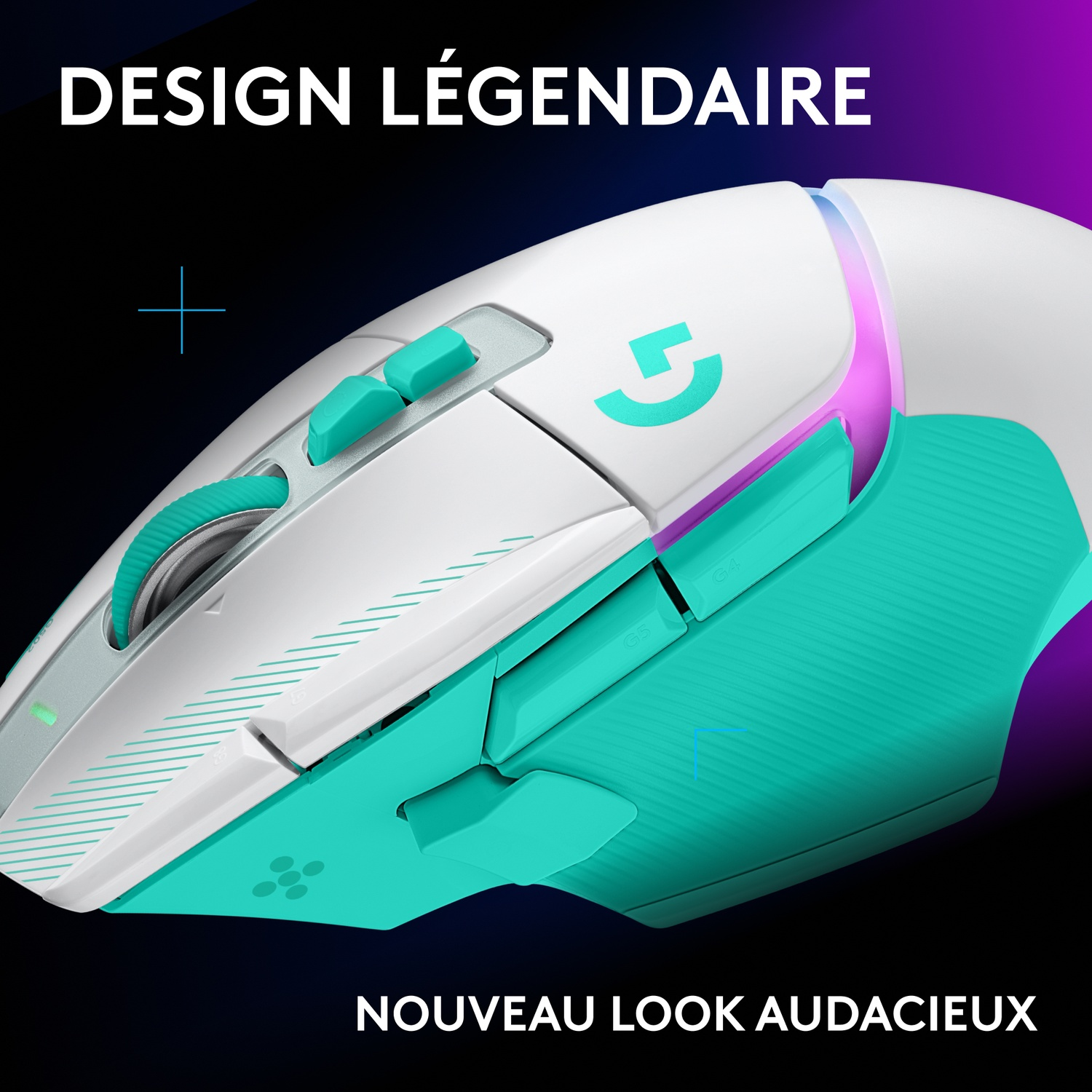 Une souris de jeu blanche et turquoise avec éclairage RVB sur fond sombre, avec du texte en français.