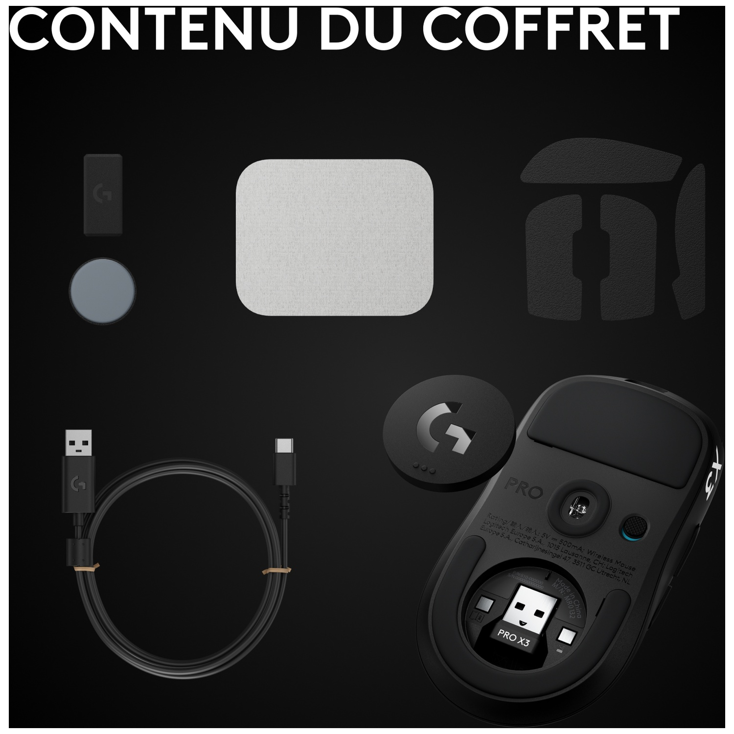 Contenu du coffret montrant une souris de jeu noire, un câble USB, un récepteur et des accessoires.