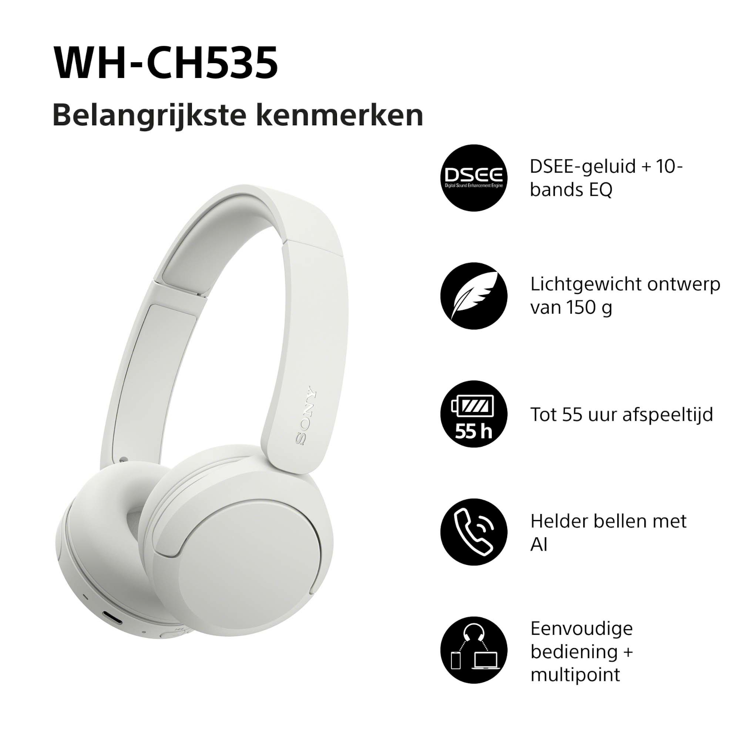 White Sony WH-CH535 headphones with icons for features like 55h battery and lightweight.