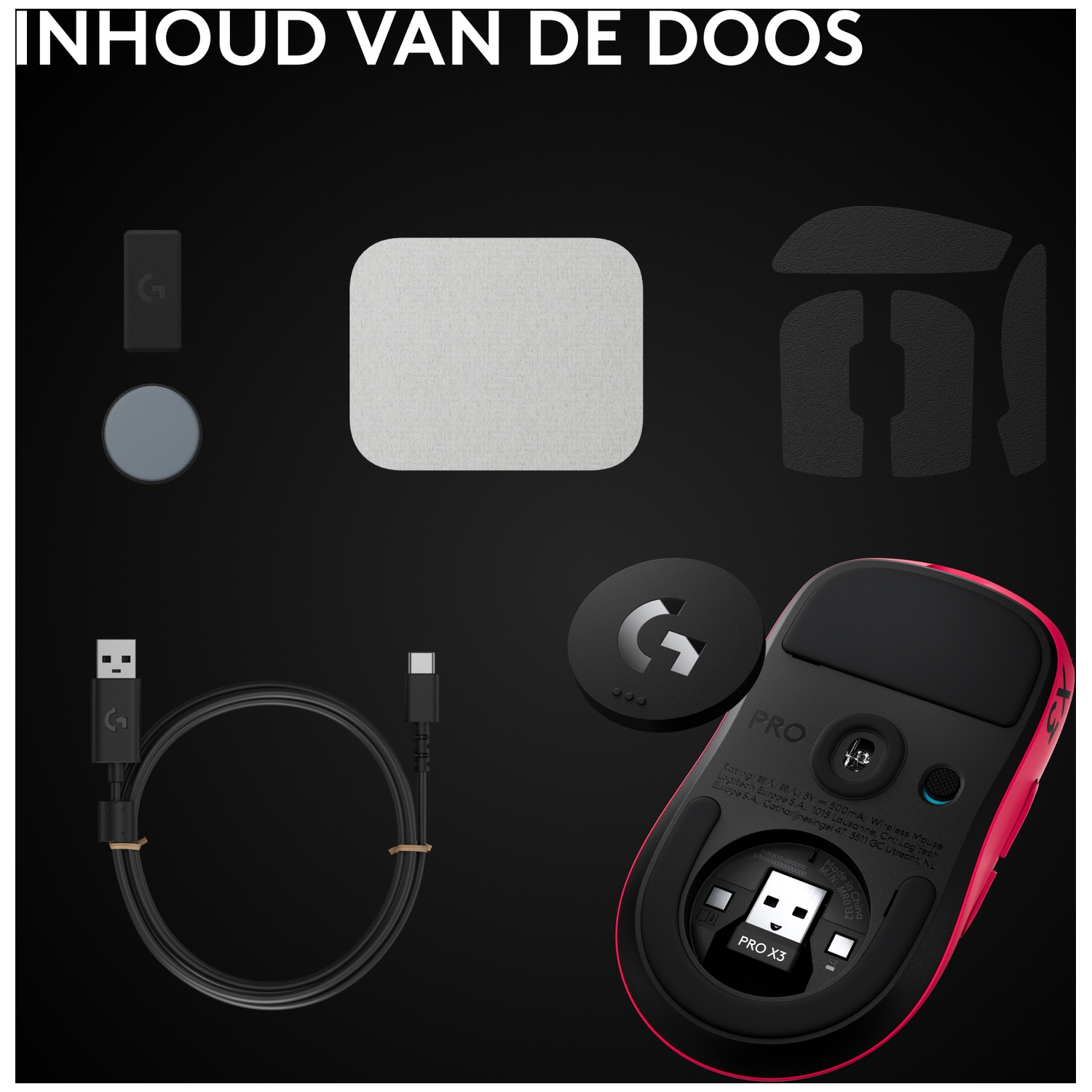 Inhoud van de doos: een roze-zwarte gamingmuis, USB-kabel, ontvanger, grip-tapes en een accessoire op een zwarte achtergrond.