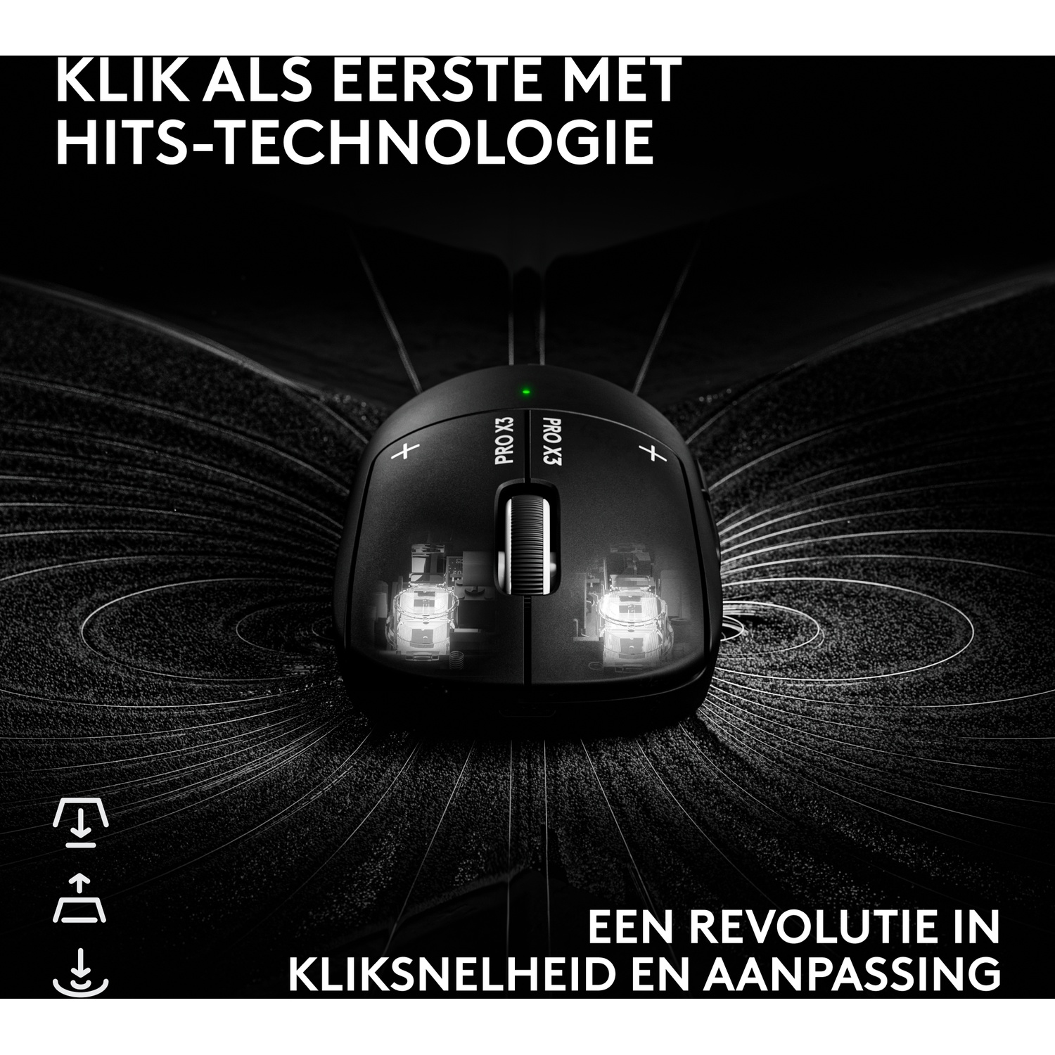 Zwarte computermuis met zichtbare interne componenten op een donkere, stralende achtergrond met tekst.