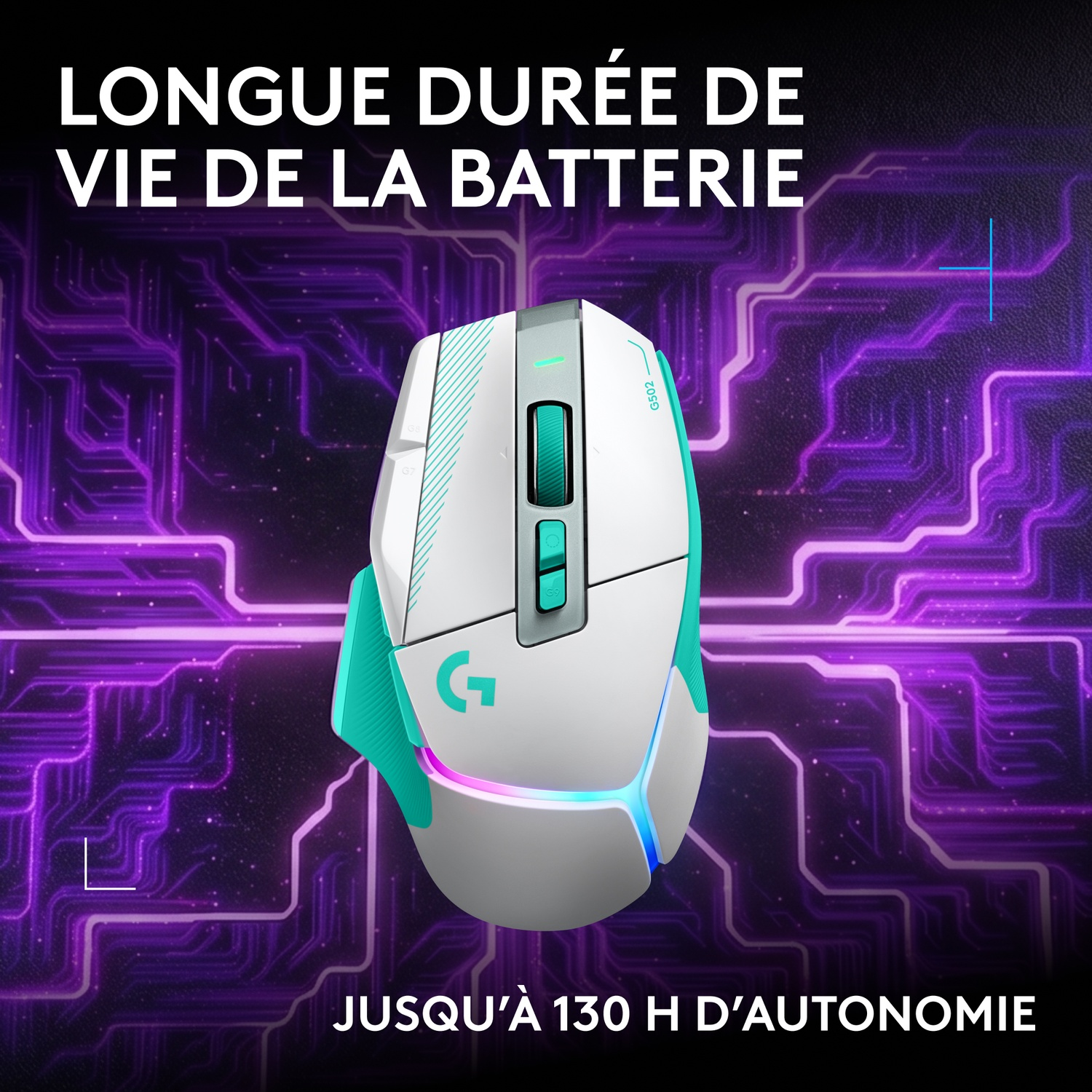 Une souris de jeu blanche et turquoise sur un fond violet vibrant avec des motifs futuristes.