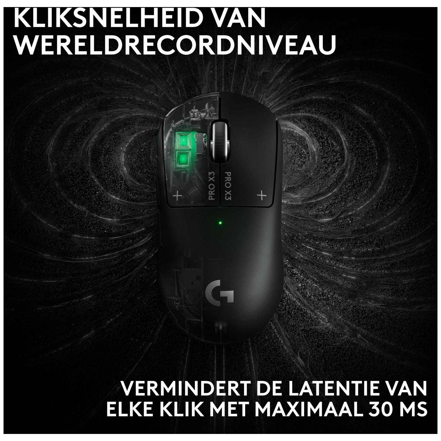 Zwarte gamingmuis met groen oplichtend intern effect op een donkere achtergrond met tekst.